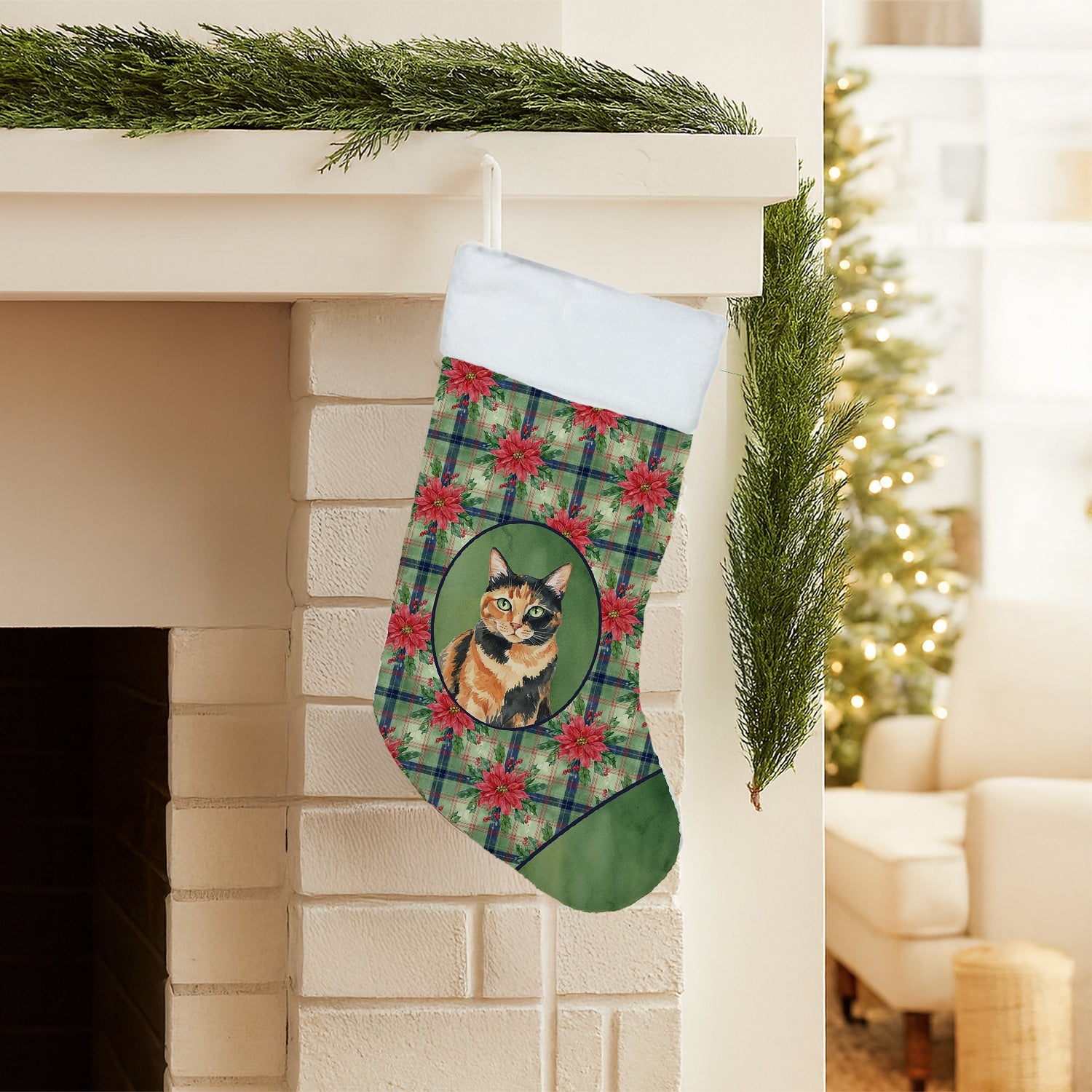 Tortoiseshell Cat with Poinsettias Holiday Stocking Double-Sided Print, Polyester Suede,11x18, Made in USA