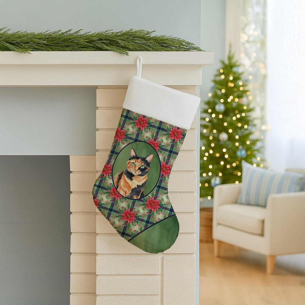 Tortoiseshell Cat with Poinsettias Holiday Stocking Double-Sided Print, Polyester Suede,11x18, Made in USA