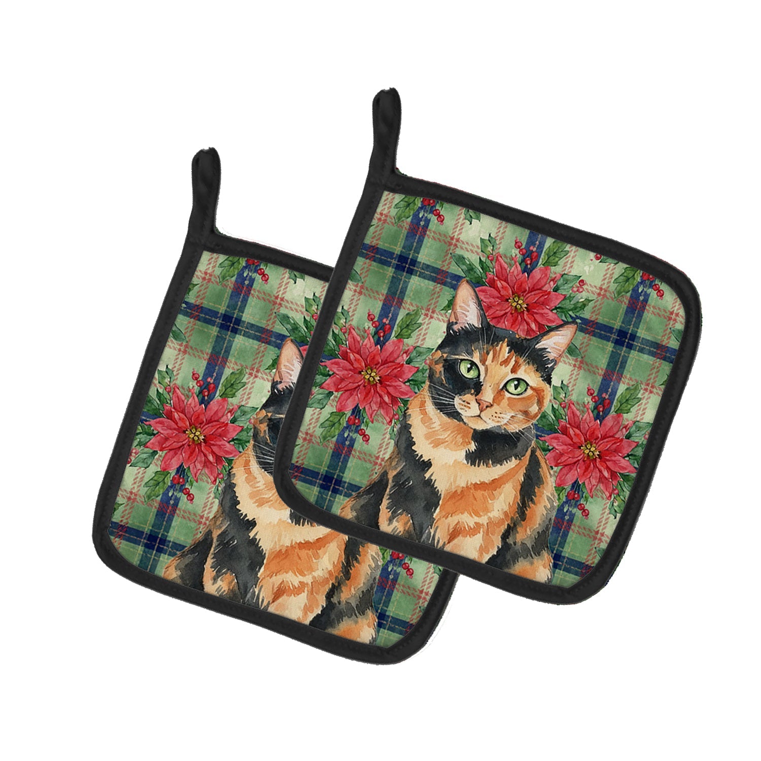 Tortoiseshell Cat with Poinsettias Pot Holder Set of 2 Heat Resistant Quilted Hot Pads 7.5 x 7.5 Inch, Insulated Kitchen Trivets for Cooking & Baking