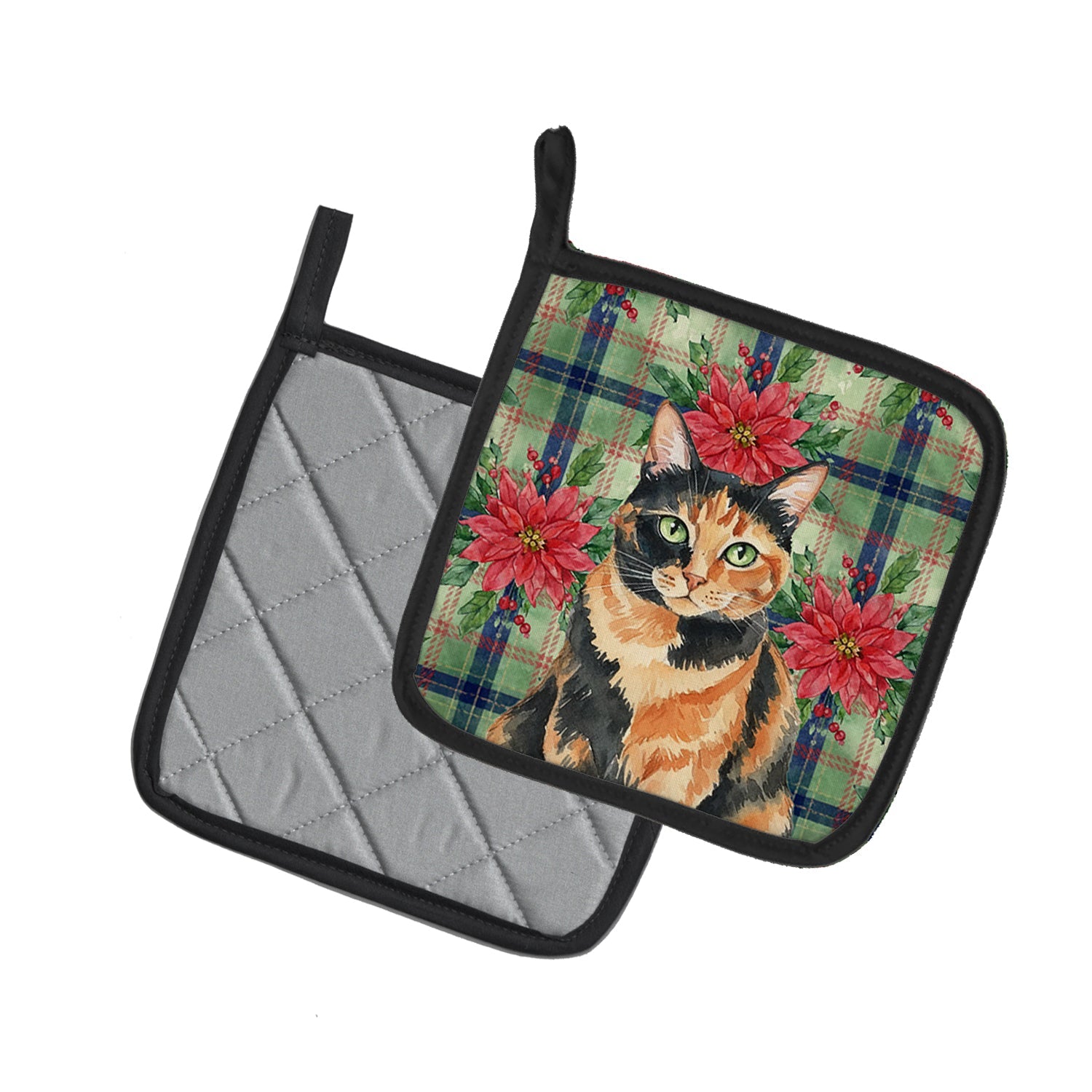 Tortoiseshell Cat with Poinsettias Pot Holder Set of 2 Heat Resistant Quilted Hot Pads 7.5 x 7.5 Inch, Insulated Kitchen Trivets for Cooking & Baking
