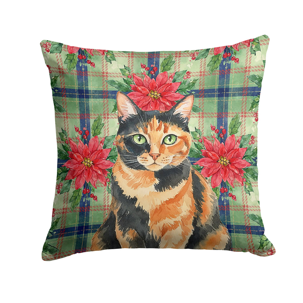 Tortoiseshell Cat with Poinsettias Decorative Throw Pillow 14x14 Indoor Outdoor Accent Cushion, Fabric Cover with Insert for Sofa, Bed, Porch & Living Room