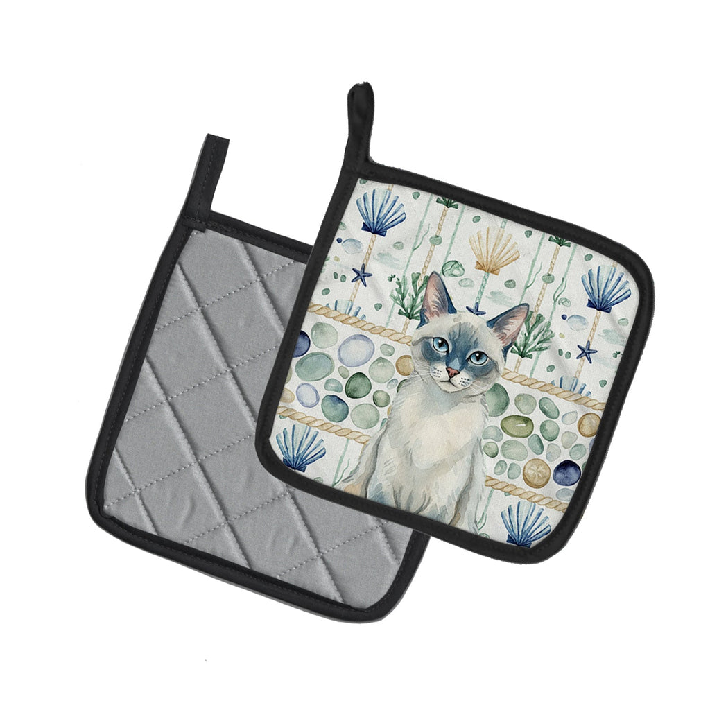 Blue Point Cat Coastal Sea Glass Pot Holder Set of 2 Heat Resistant Quilted Hot Pads 7.5 x 7.5 Inch, Insulated Kitchen Trivets for Cooking & Baking