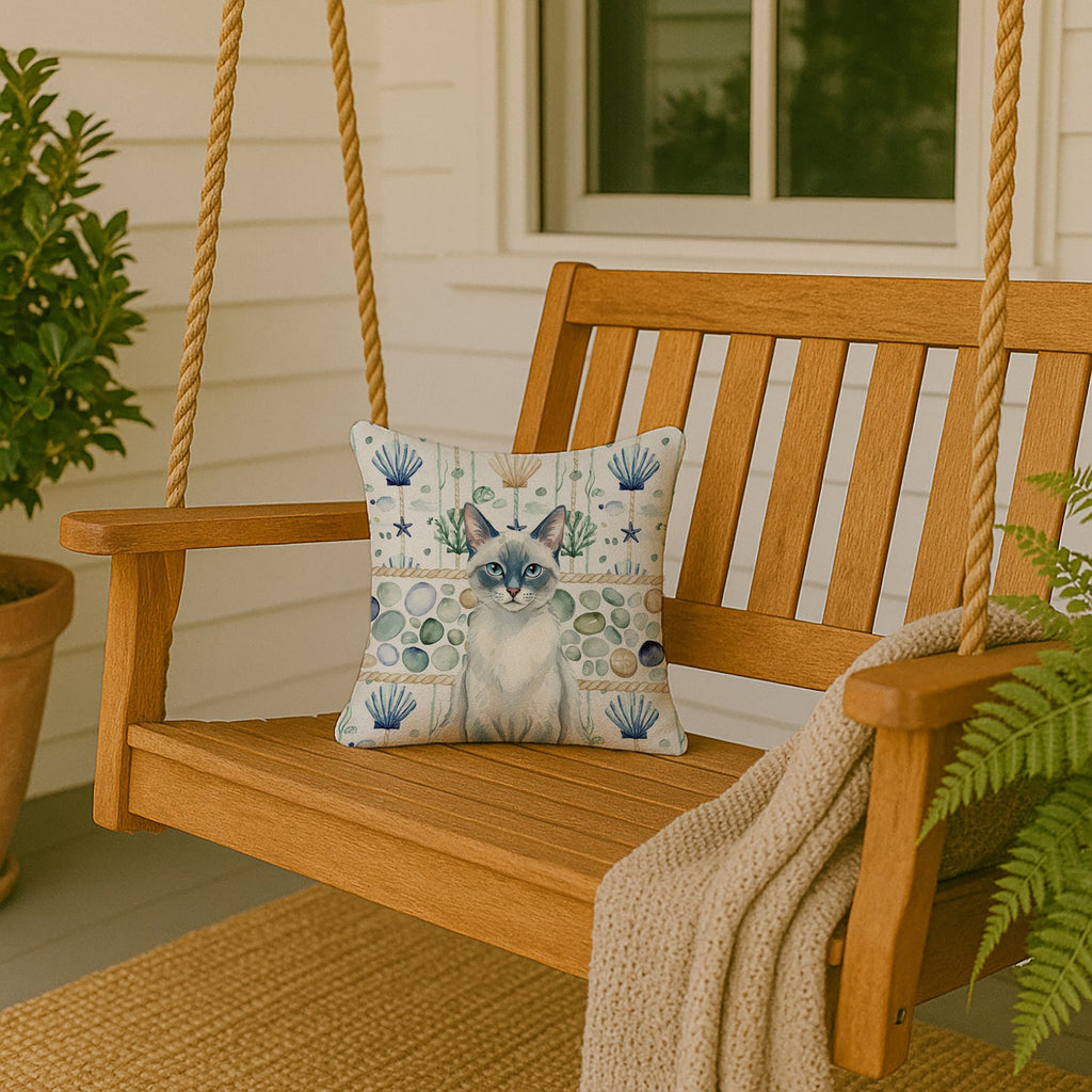 Blue Point Cat Coastal Sea Glass Decorative Throw Pillow 14x14 Indoor Outdoor Accent Cushion, Fabric Cover with Insert for Sofa, Bed, Porch & Living Room