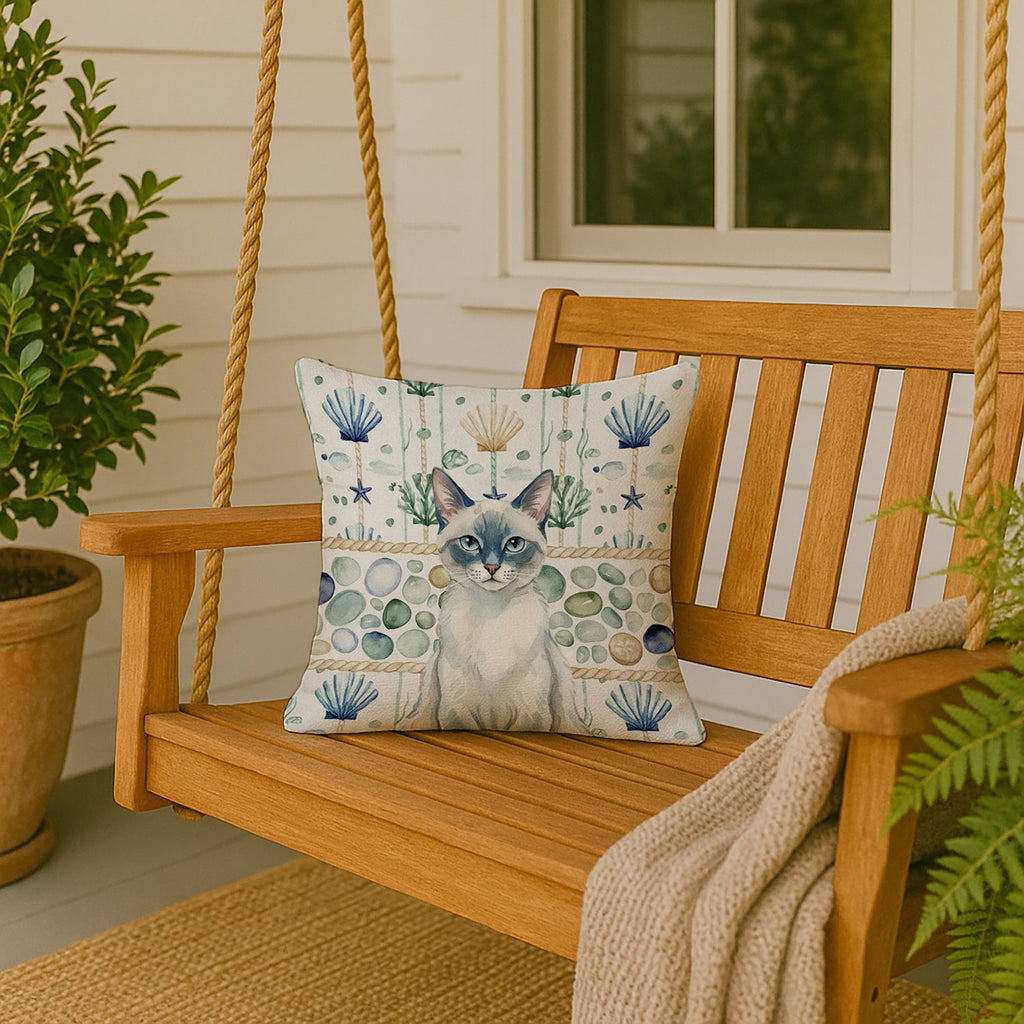 Blue Point Cat Coastal Sea Glass Decorative Throw Pillow 18x18 Indoor Outdoor Accent Cushion, Fabric Cover with Insert for Sofa, Bed, Porch & Living Room