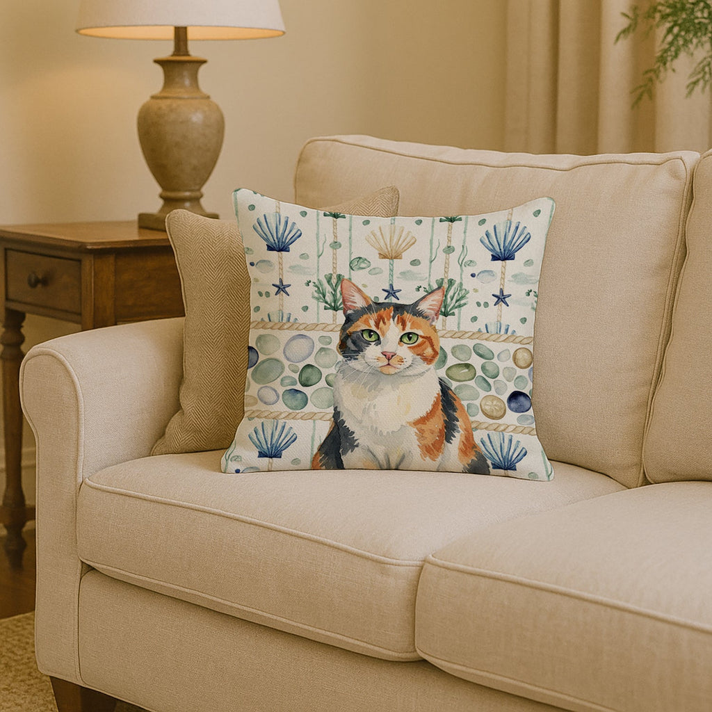 Calico Cat Coastal Sea Glass Decorative Throw Pillow 14x14 Indoor Outdoor Accent Cushion, Fabric Cover with Insert for Sofa, Bed, Porch & Living Room