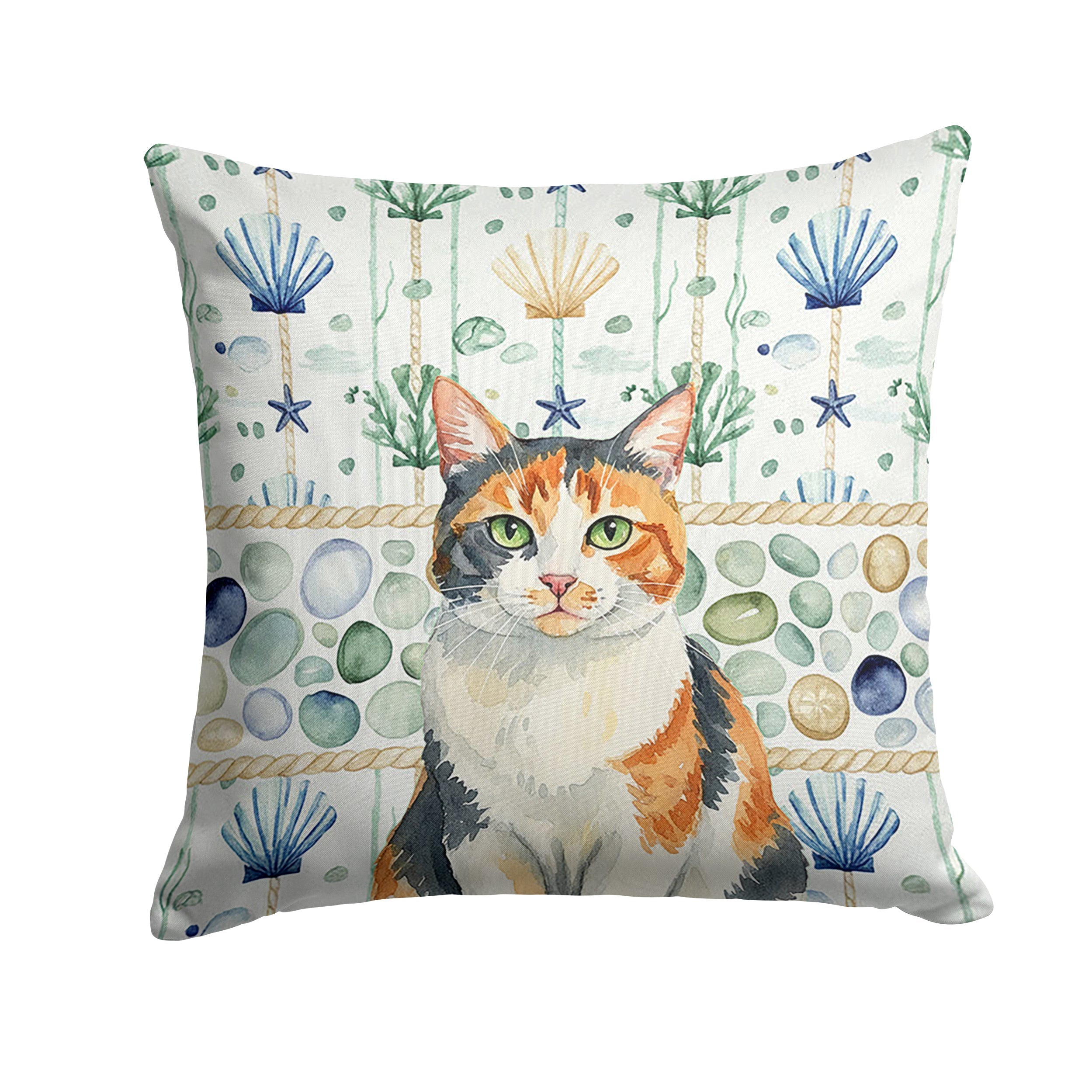 Calico Cat Coastal Sea Glass Decorative Throw Pillow 18x18 Indoor Outdoor Accent Cushion, Fabric Cover with Insert for Sofa, Bed, Porch & Living Room