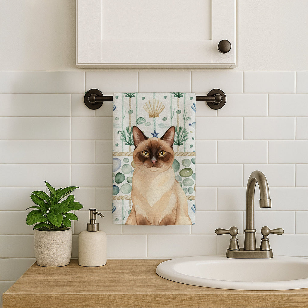 Chocolate Point Cat Coastal Sea Glass Kitchen Towel Velour Plush Front and Cotton Loop Back Machine Washable