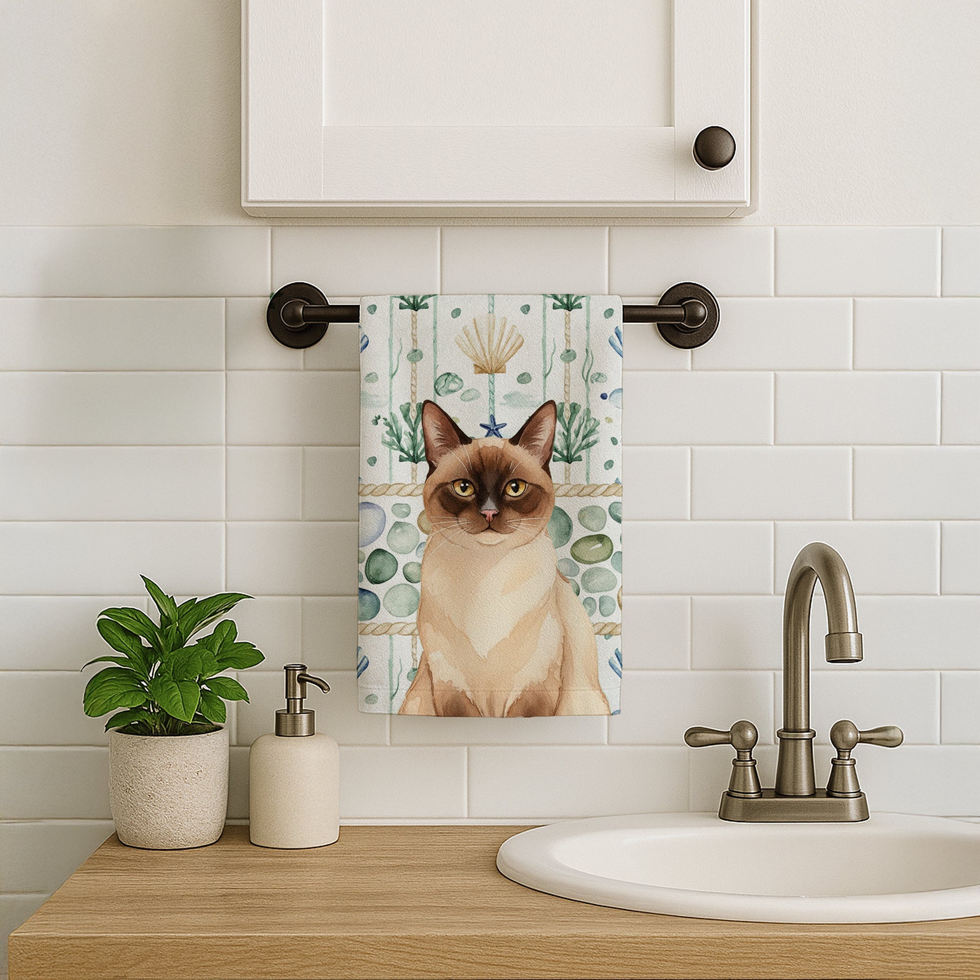 Chocolate Point Cat Coastal Sea Glass Kitchen Towel Velour Plush Front and Cotton Loop Back Machine Washable
