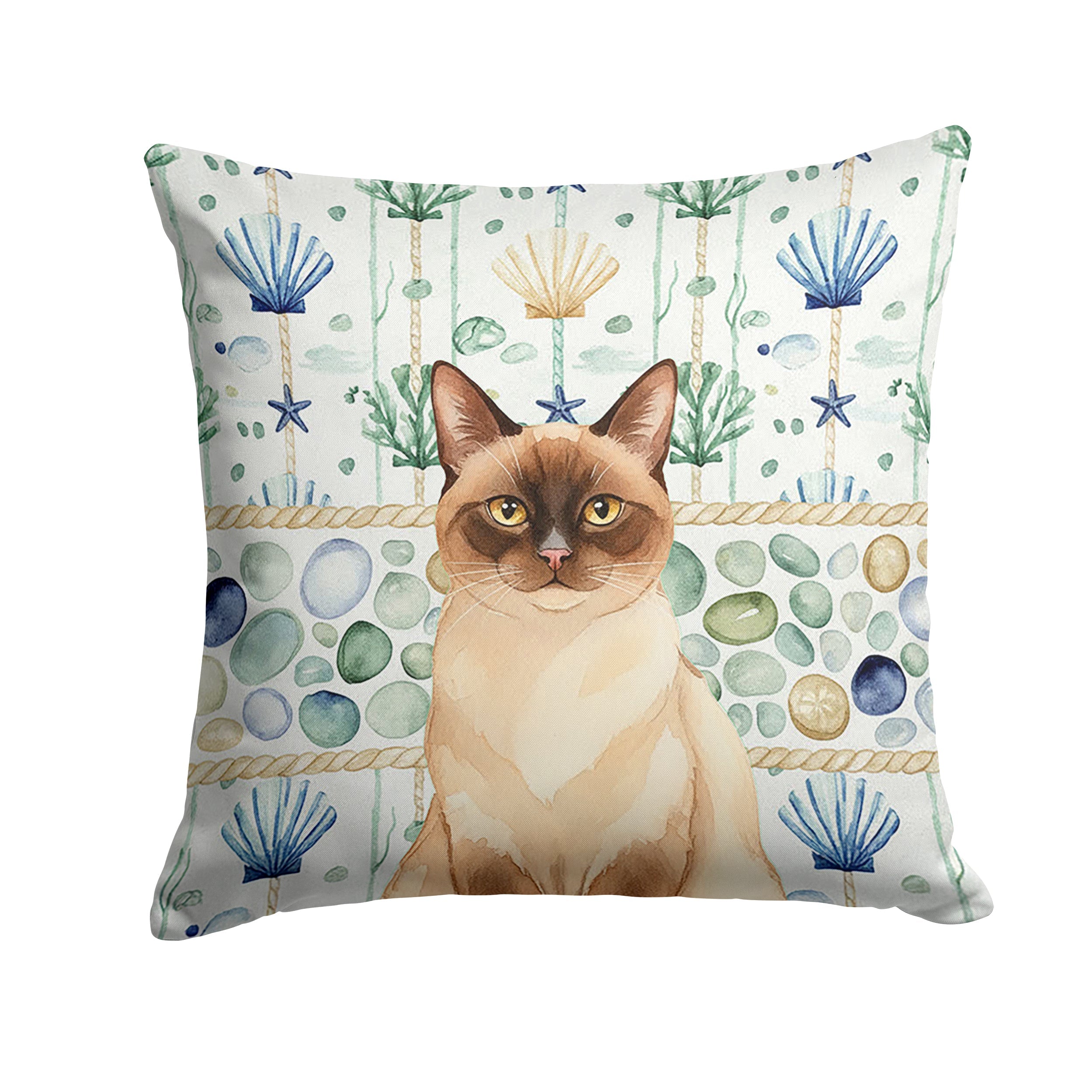 Chocolate Point Cat Coastal Sea Glass Decorative Throw Pillow 14x14 Indoor Outdoor Accent Cushion, Fabric Cover with Insert for Sofa, Bed, Porch & Living Room
