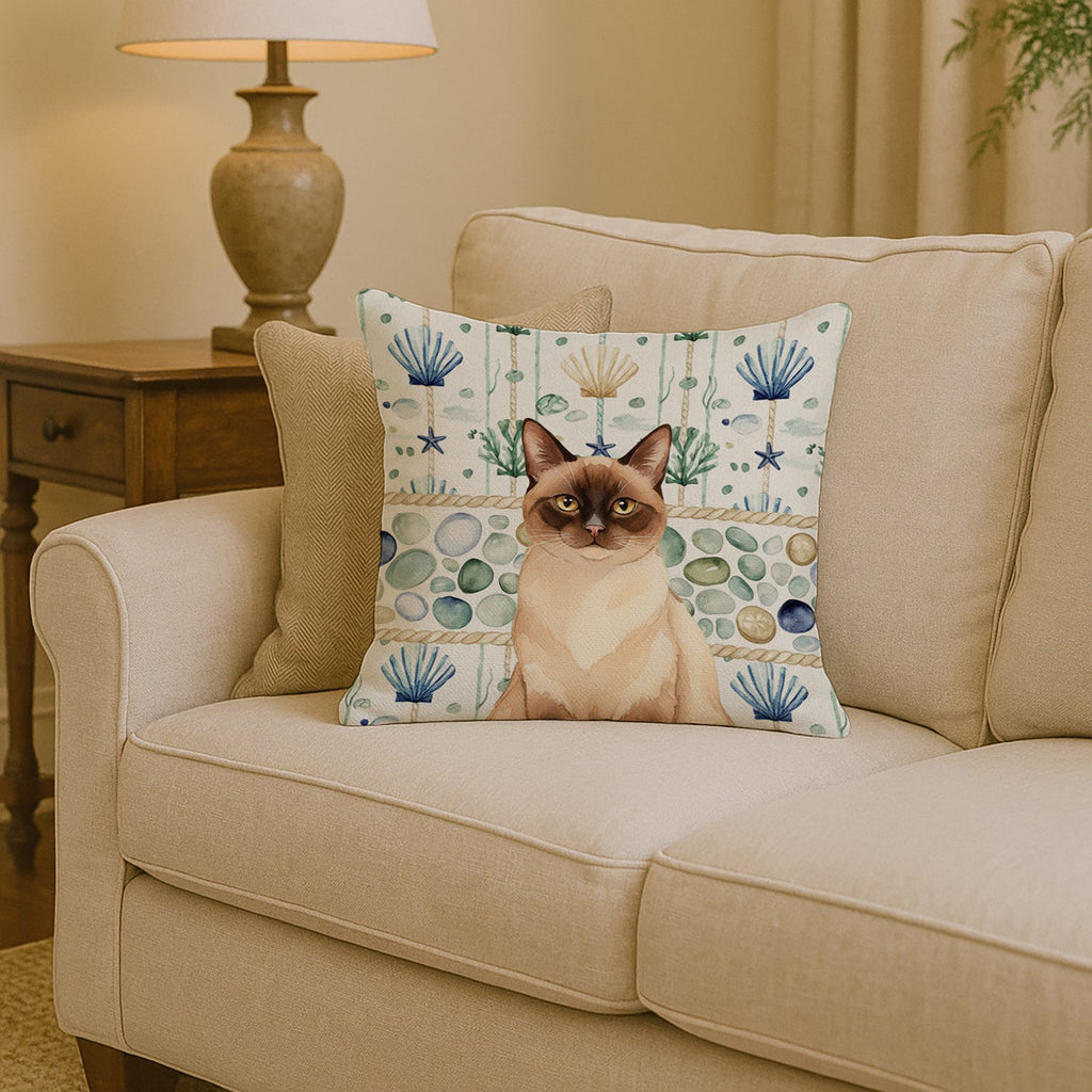 Chocolate Point Cat Coastal Sea Glass Decorative Throw Pillow 14x14 Indoor Outdoor Accent Cushion, Fabric Cover with Insert for Sofa, Bed, Porch & Living Room