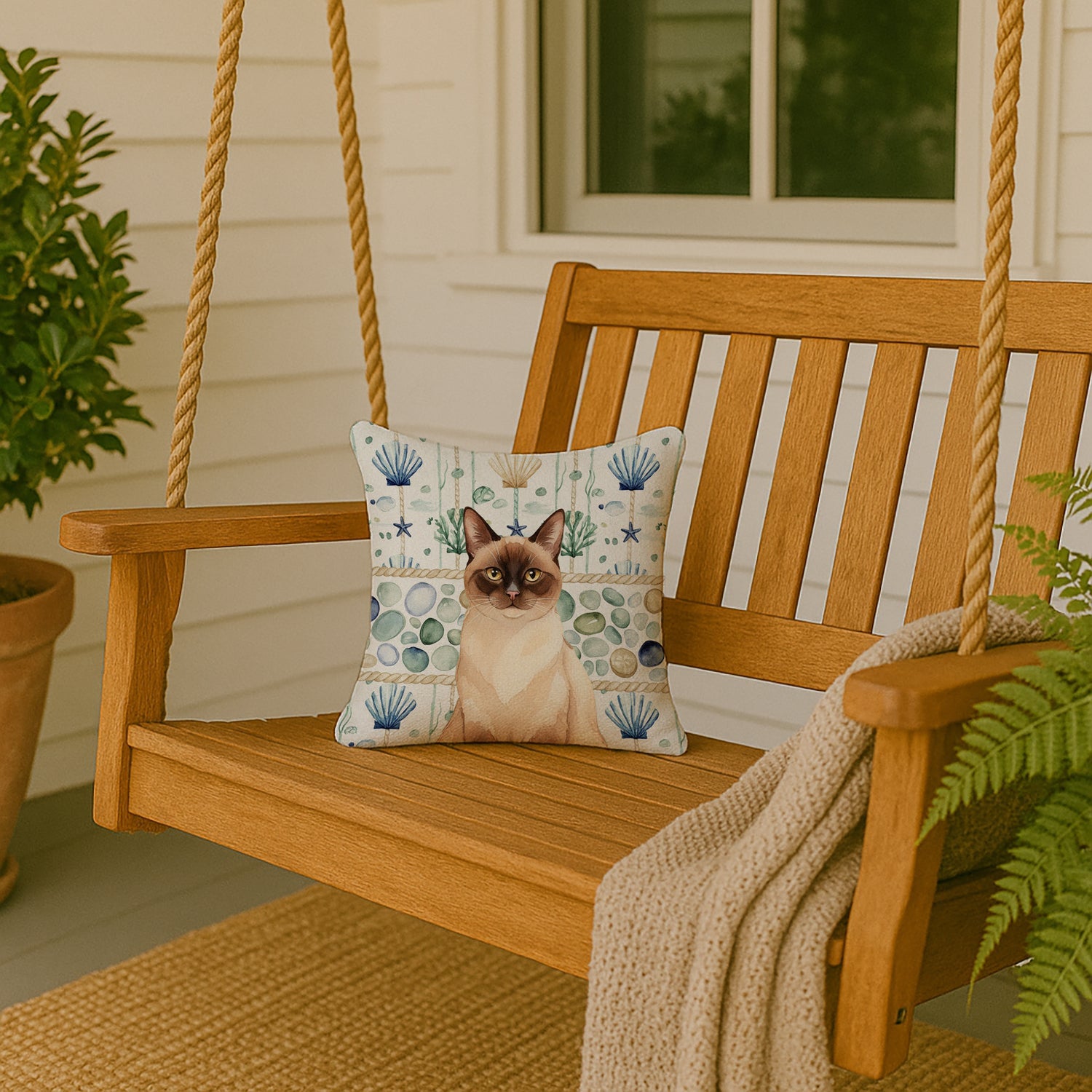 Chocolate Point Cat Coastal Sea Glass Decorative Throw Pillow 14x14 Indoor Outdoor Accent Cushion, Fabric Cover with Insert for Sofa, Bed, Porch & Living Room