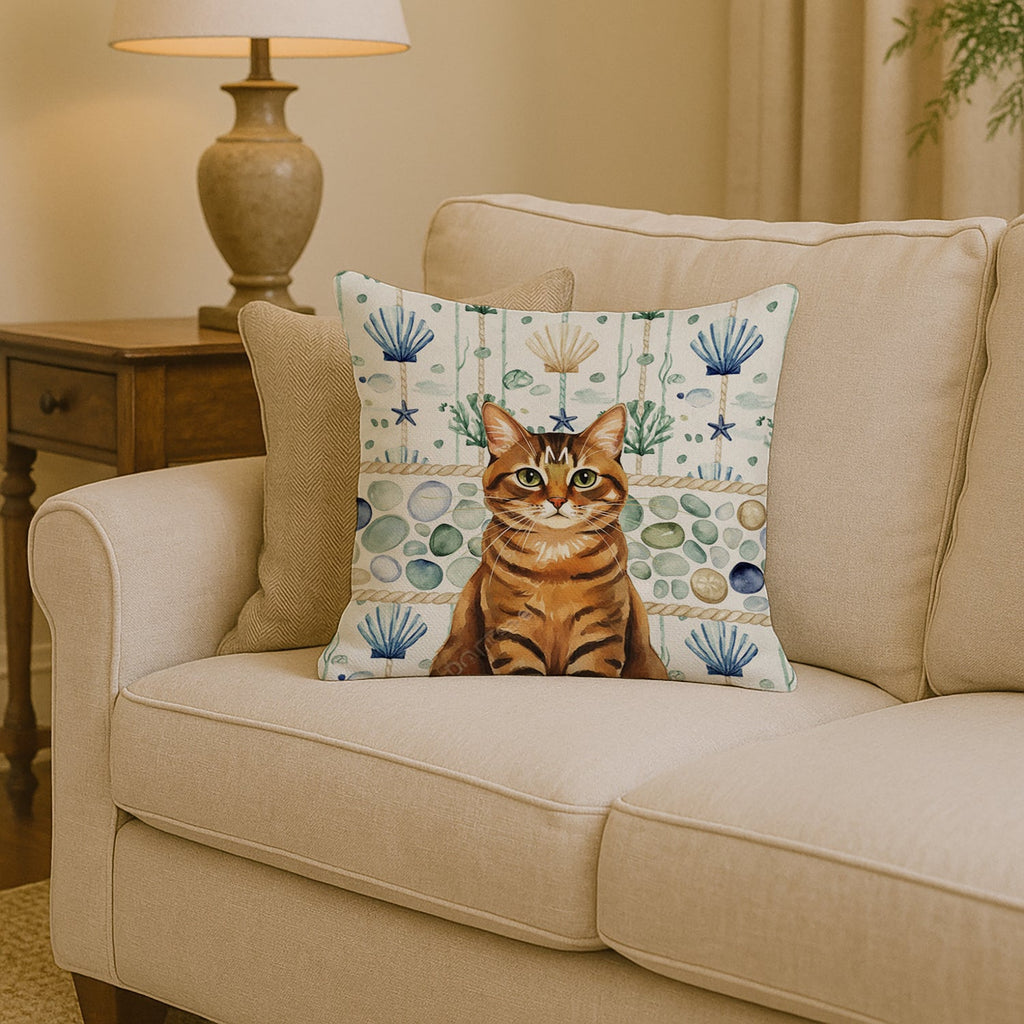 Classic Tabby Brown Cat Coastal Sea Glass Decorative Throw Pillow 14x14 Indoor Outdoor Accent Cushion, Fabric Cover with Insert for Sofa, Bed, Porch & Living Room