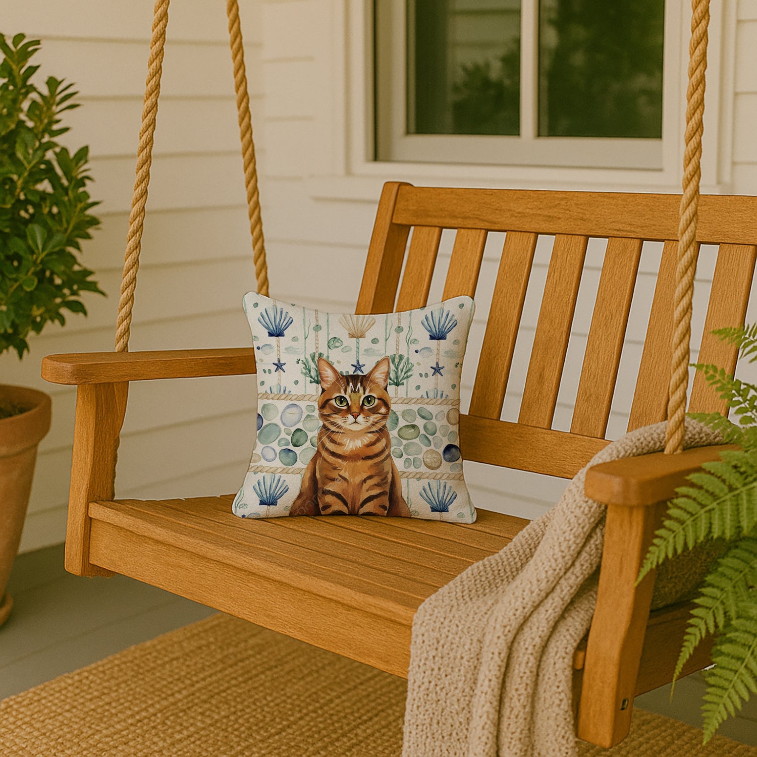 Classic Tabby Brown Cat Coastal Sea Glass Decorative Throw Pillow 14x14 Indoor Outdoor Accent Cushion, Fabric Cover with Insert for Sofa, Bed, Porch & Living Room