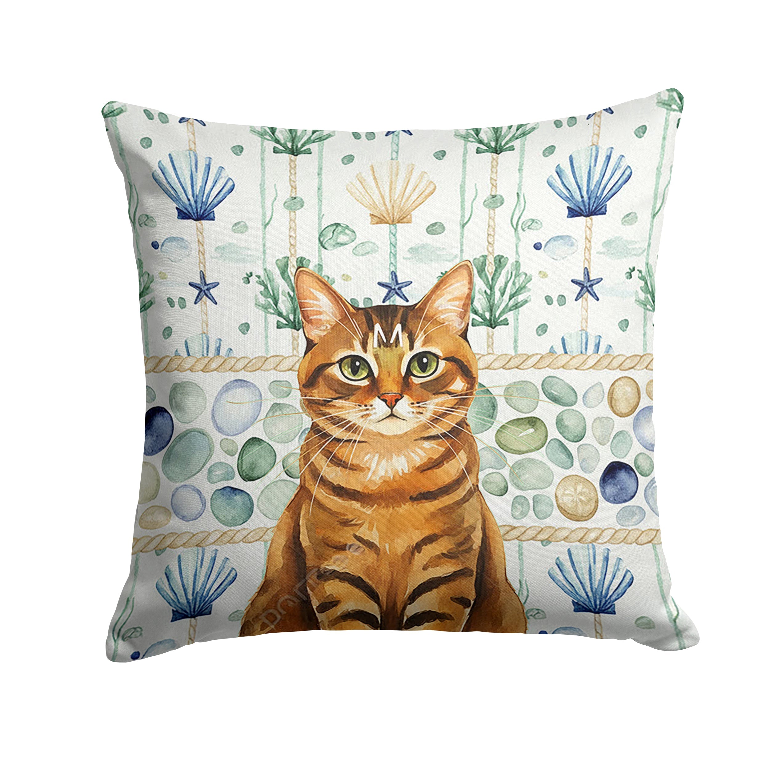 Classic Tabby Brown Cat Coastal Sea Glass Decorative Throw Pillow 18x18 Indoor Outdoor Accent Cushion, Fabric Cover with Insert for Sofa, Bed, Porch & Living Room