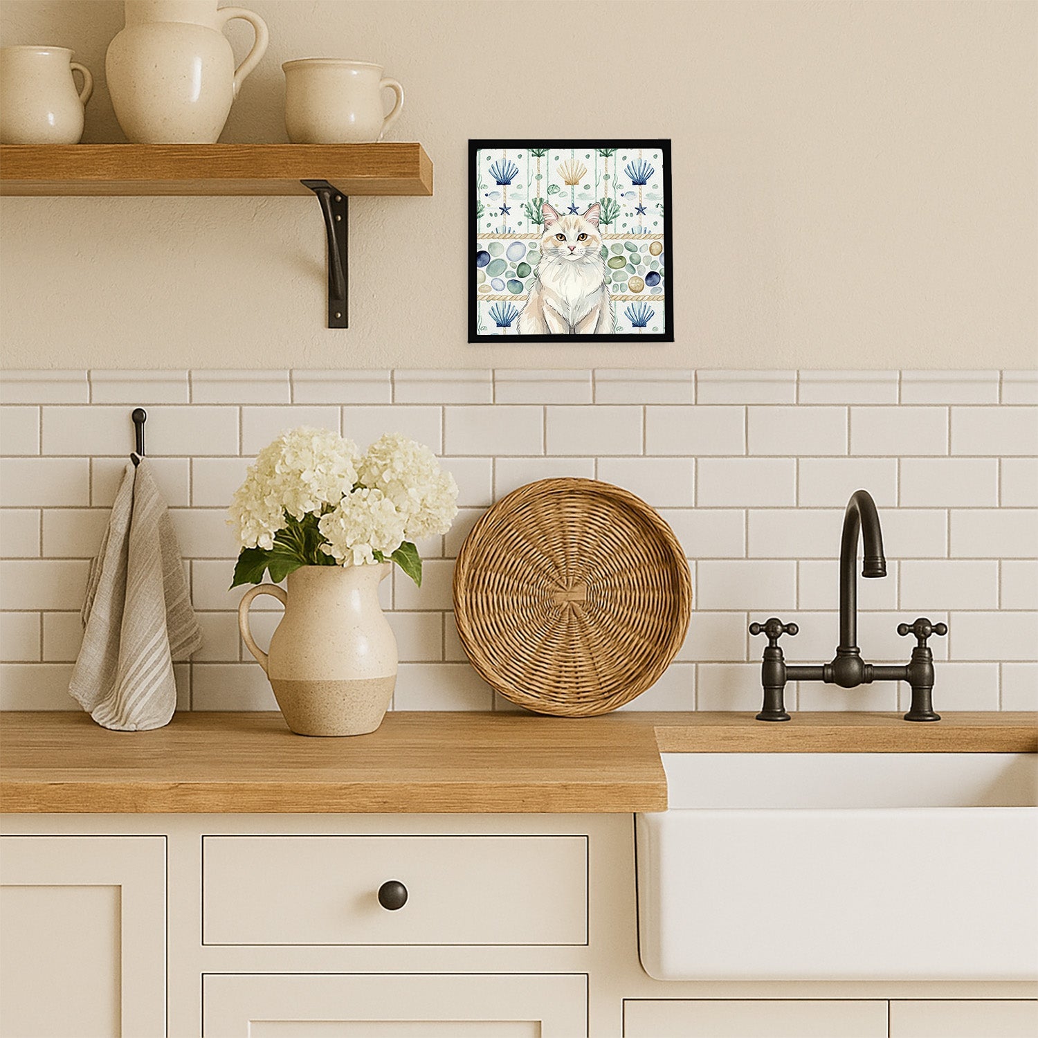 Cream and White Cat Coastal Sea Glass Framed Metal Print Bathroom, Kitchen, Office, Home Decor Wall Art Ready to Hang, Square, 8X8