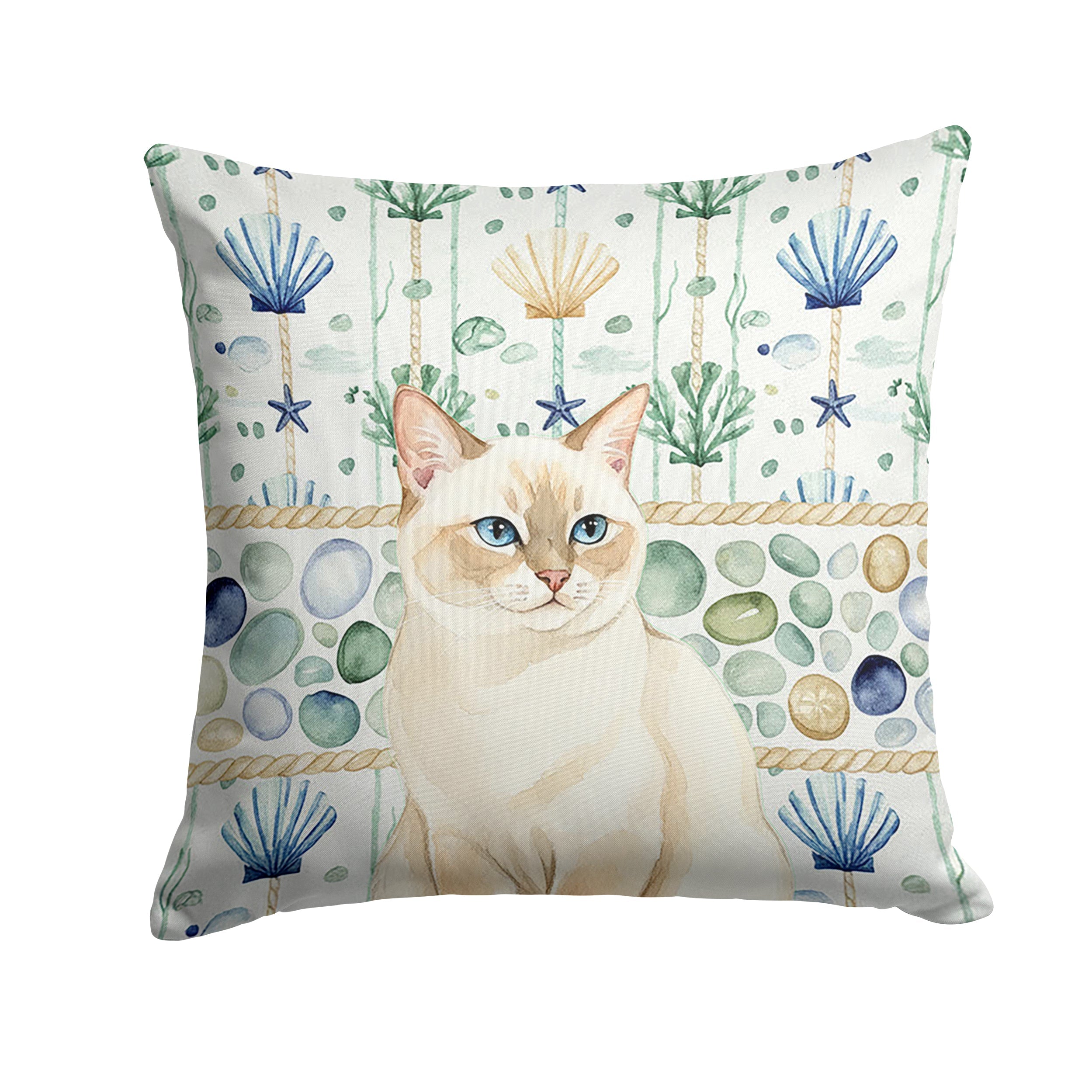 Cream Point Cat Coastal Sea Glass Decorative Throw Pillow 14x14 Indoor Outdoor Accent Cushion, Fabric Cover with Insert for Sofa, Bed, Porch & Living Room