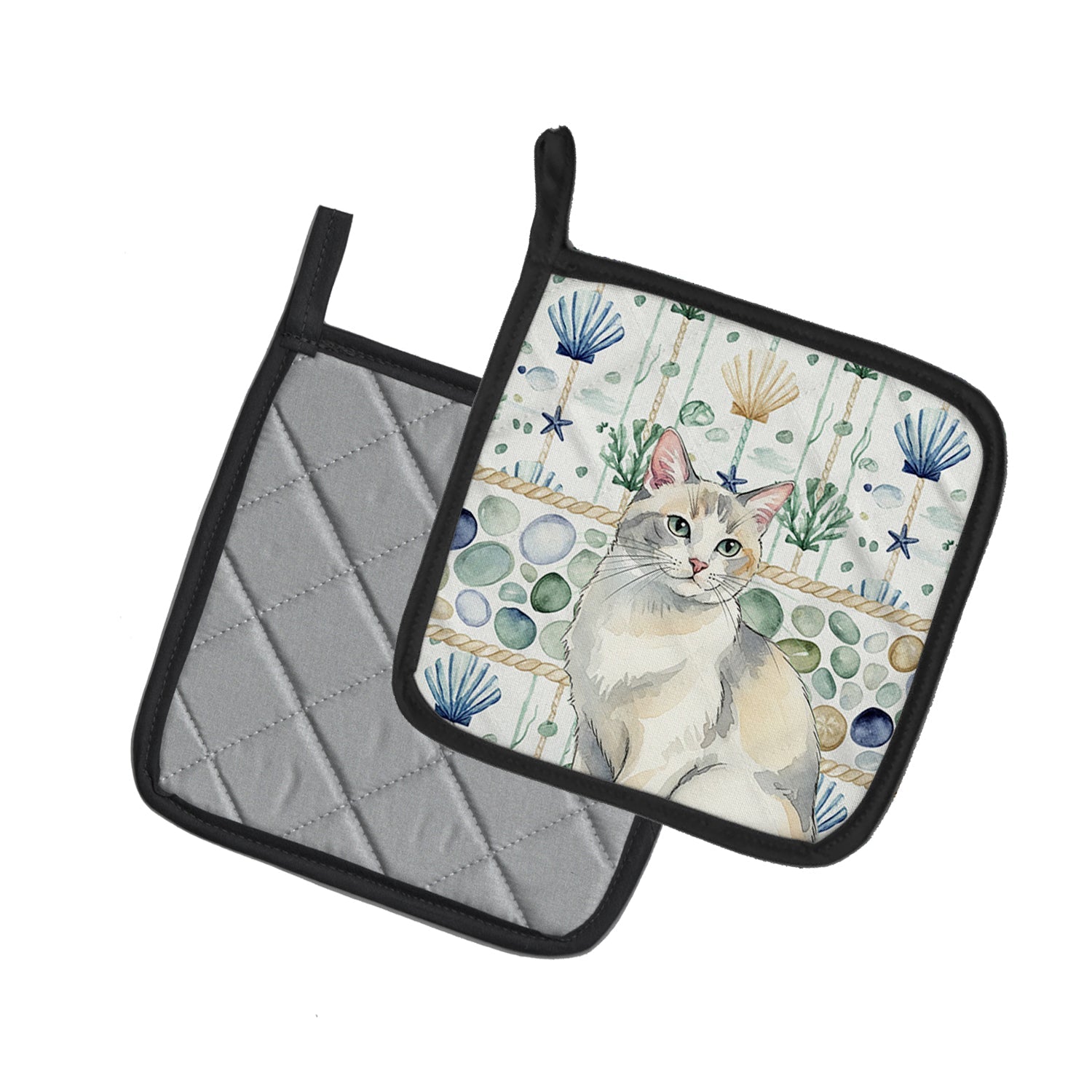 Dilute Calico Cat Coastal Sea Glass Pot Holder Set of 2 Heat Resistant Quilted Hot Pads 7.5 x 7.5 Inch, Insulated Kitchen Trivets for Cooking & Baking