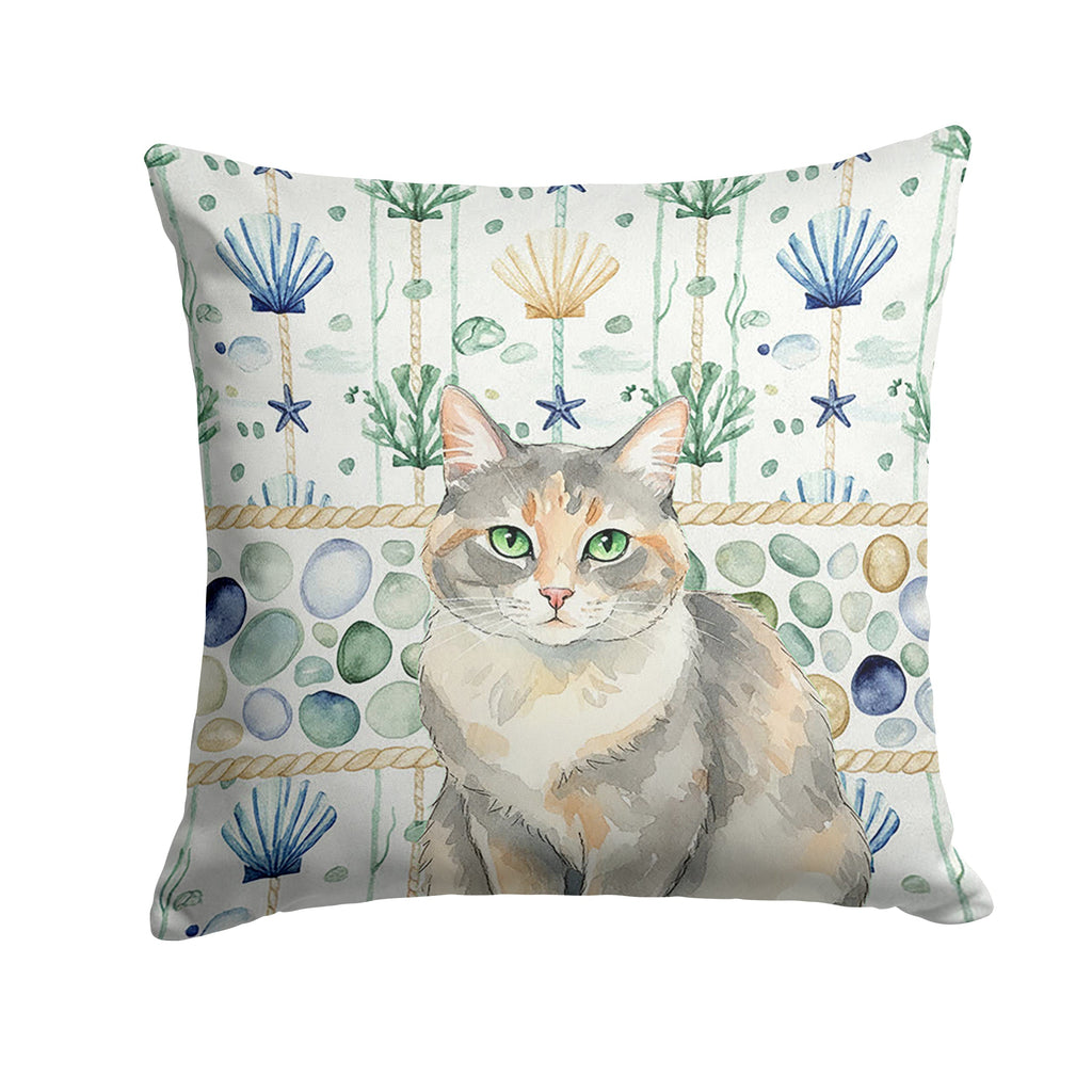 Dilute Tortoiseshell Cat Coastal Sea Glass Decorative Throw Pillow 18x18 Indoor Outdoor Accent Cushion, Fabric Cover with Insert for Sofa, Bed, Porch & Living Room