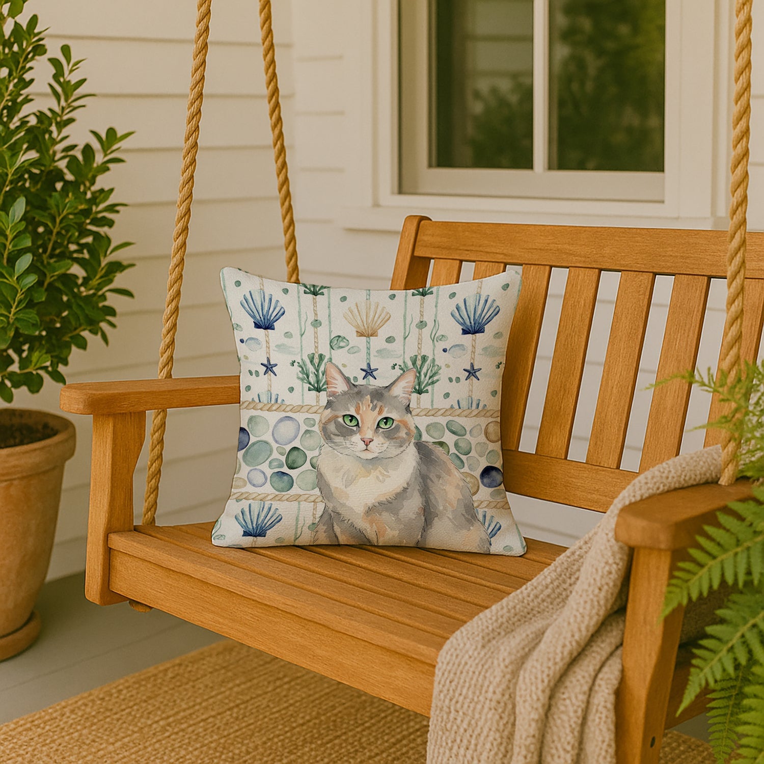 Dilute Tortoiseshell Cat Coastal Sea Glass Decorative Throw Pillow 18x18 Indoor Outdoor Accent Cushion, Fabric Cover with Insert for Sofa, Bed, Porch & Living Room