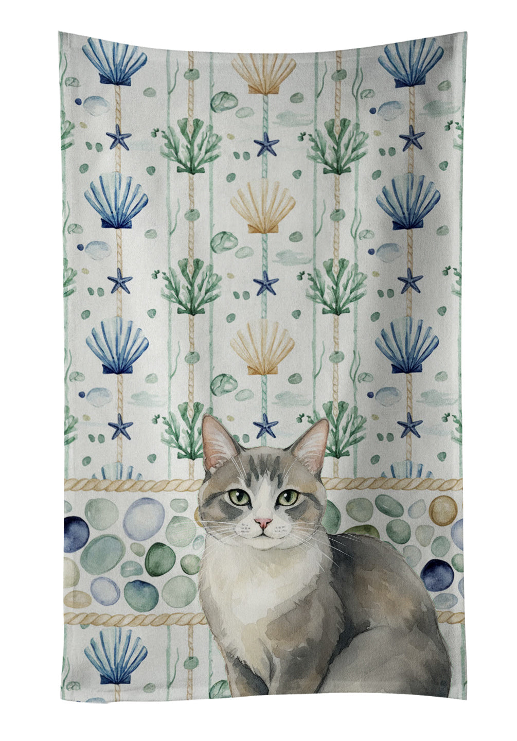 Gray and White Cat Coastal Sea Glass Kitchen Towel Velour Plush Front and Cotton Loop Back Machine Washable