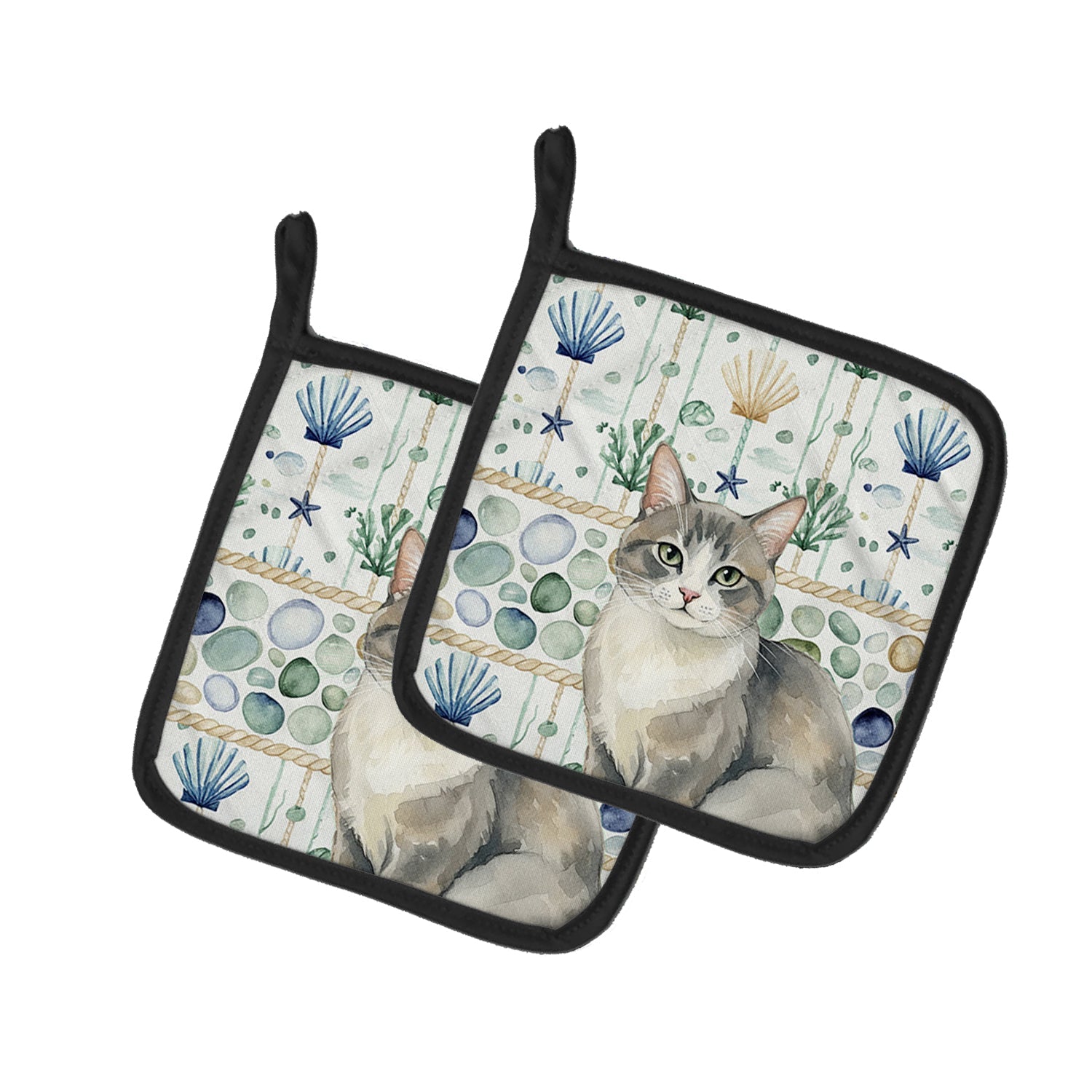 Gray and White Cat Coastal Sea Glass Pot Holder Set of 2 Heat Resistant Quilted Hot Pads 7.5 x 7.5 Inch, Insulated Kitchen Trivets for Cooking & Baking