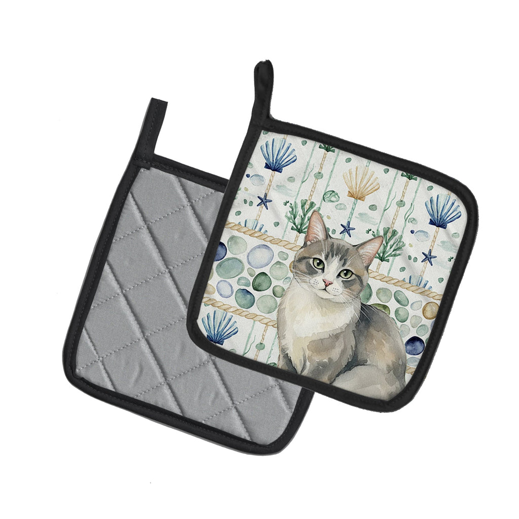 Gray and White Cat Coastal Sea Glass Pot Holder Set of 2 Heat Resistant Quilted Hot Pads 7.5 x 7.5 Inch, Insulated Kitchen Trivets for Cooking & Baking