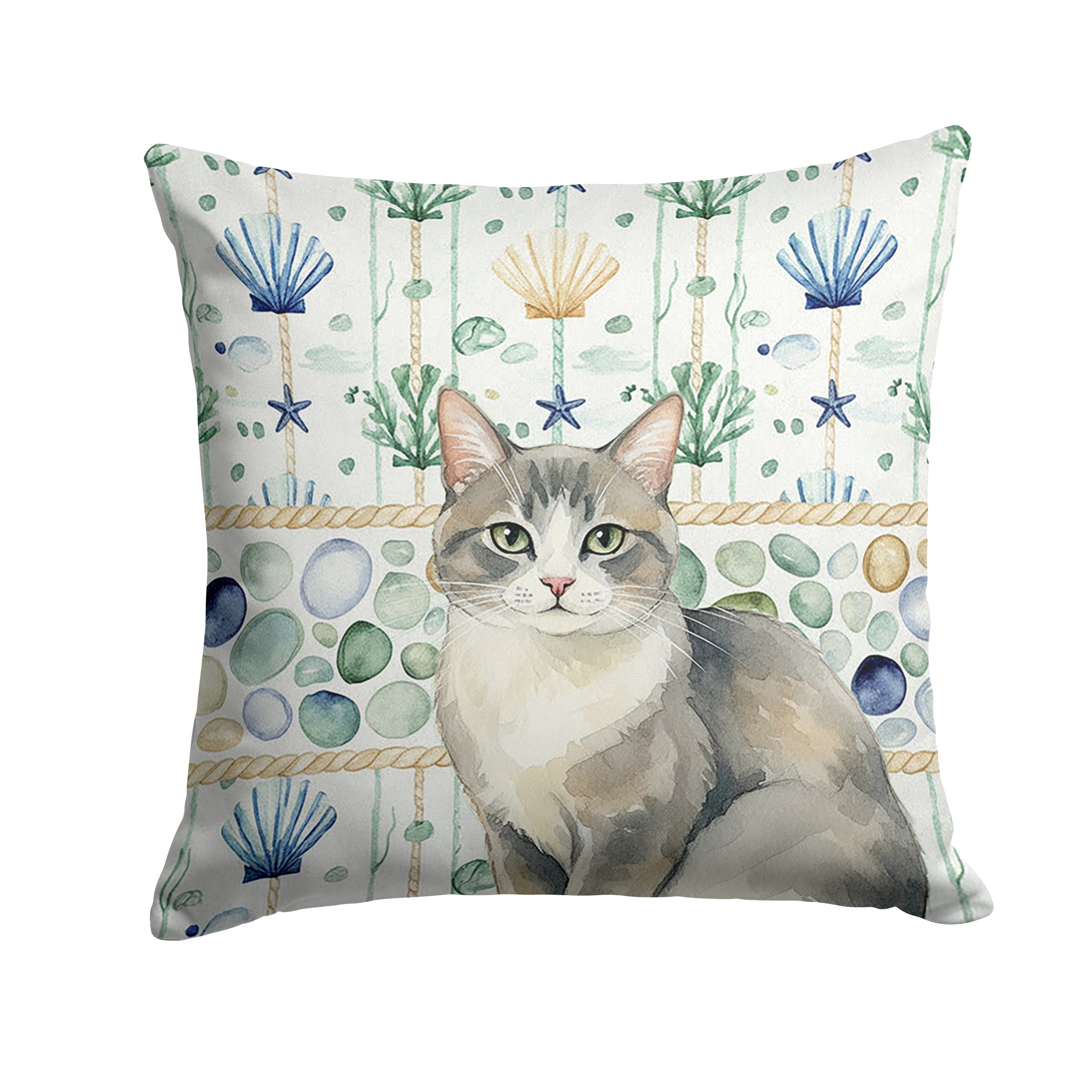 Gray and White Cat Coastal Sea Glass Decorative Throw Pillow 18x18 Indoor Outdoor Accent Cushion, Fabric Cover with Insert for Sofa, Bed, Porch & Living Room