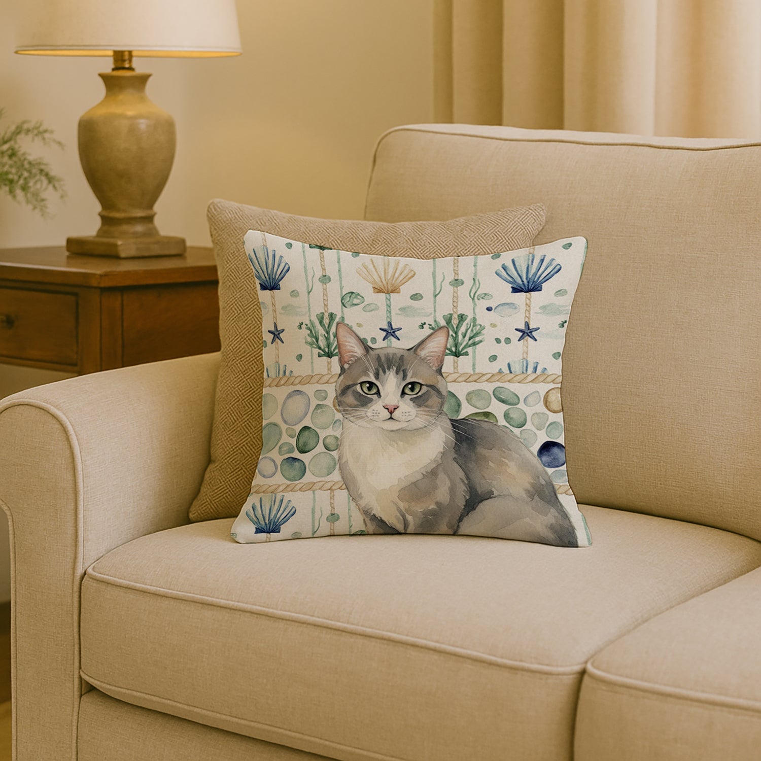 Gray and White Cat Coastal Sea Glass Decorative Throw Pillow 18x18 Indoor Outdoor Accent Cushion, Fabric Cover with Insert for Sofa, Bed, Porch & Living Room