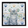 Gray Mackerel Tabby Cat Coastal Sea Glass Framed Metal Print Bathroom, Kitchen, Office, Home Decor Wall Art Ready to Hang, Square, 8X8