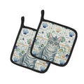 Gray Mackerel Tabby Cat Coastal Sea Glass Pot Holder Set of 2 Heat Resistant Quilted Hot Pads 7.5 x 7.5 Inch, Insulated Kitchen Trivets for Cooking & Baking