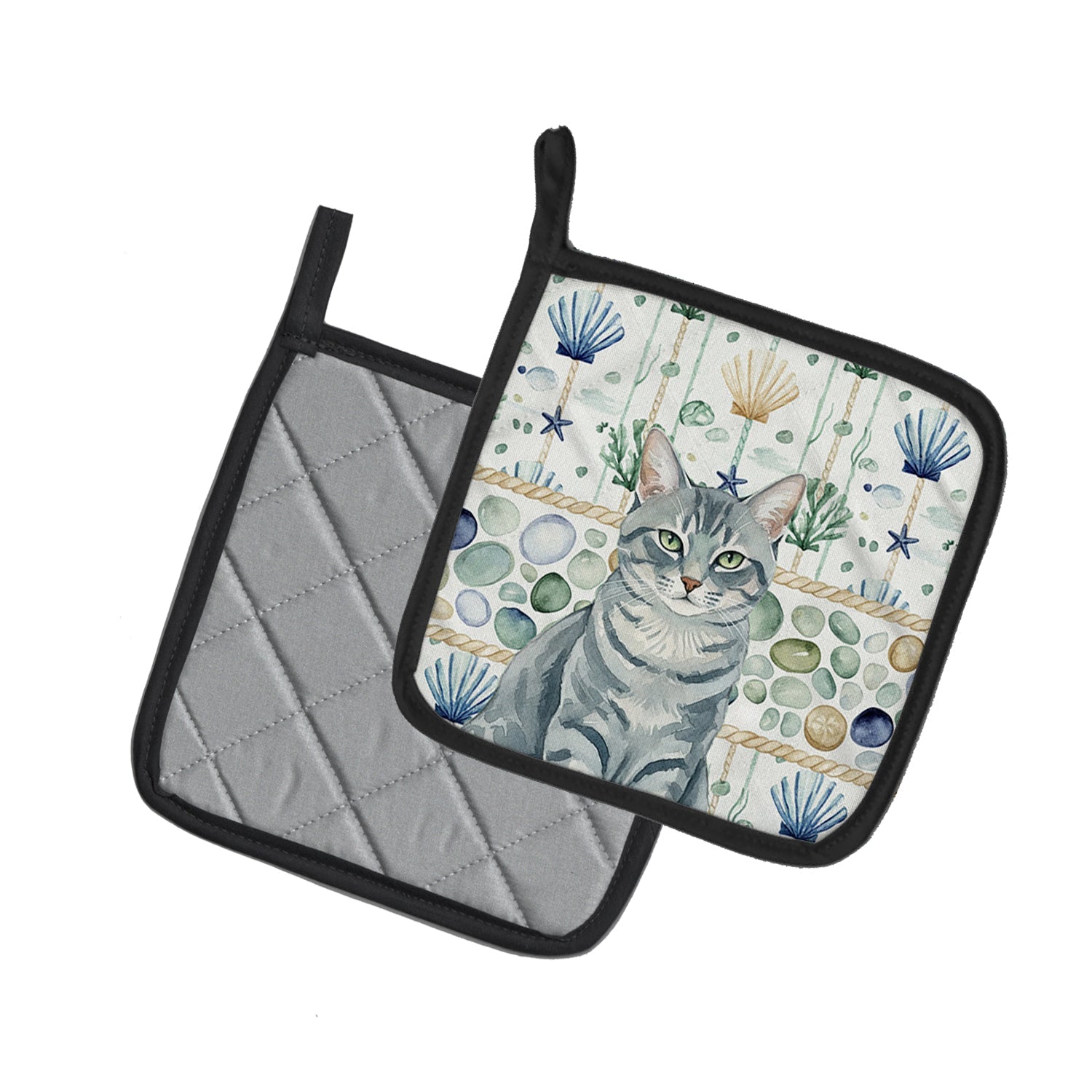 Gray Mackerel Tabby Cat Coastal Sea Glass Pot Holder Set of 2 Heat Resistant Quilted Hot Pads 7.5 x 7.5 Inch, Insulated Kitchen Trivets for Cooking & Baking
