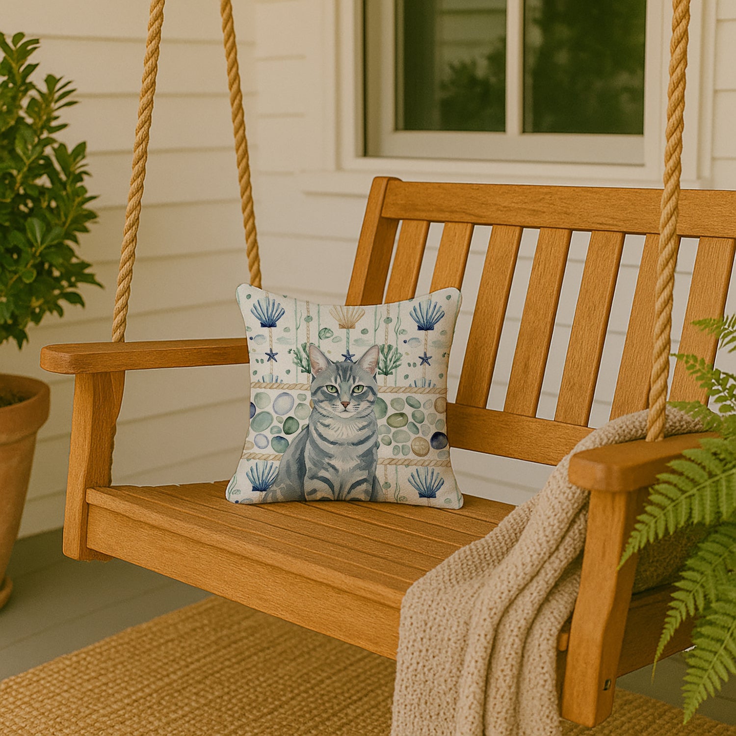 Gray Mackerel Tabby Cat Coastal Sea Glass Decorative Throw Pillow 14x14 Indoor Outdoor Accent Cushion, Fabric Cover with Insert for Sofa, Bed, Porch & Living Room