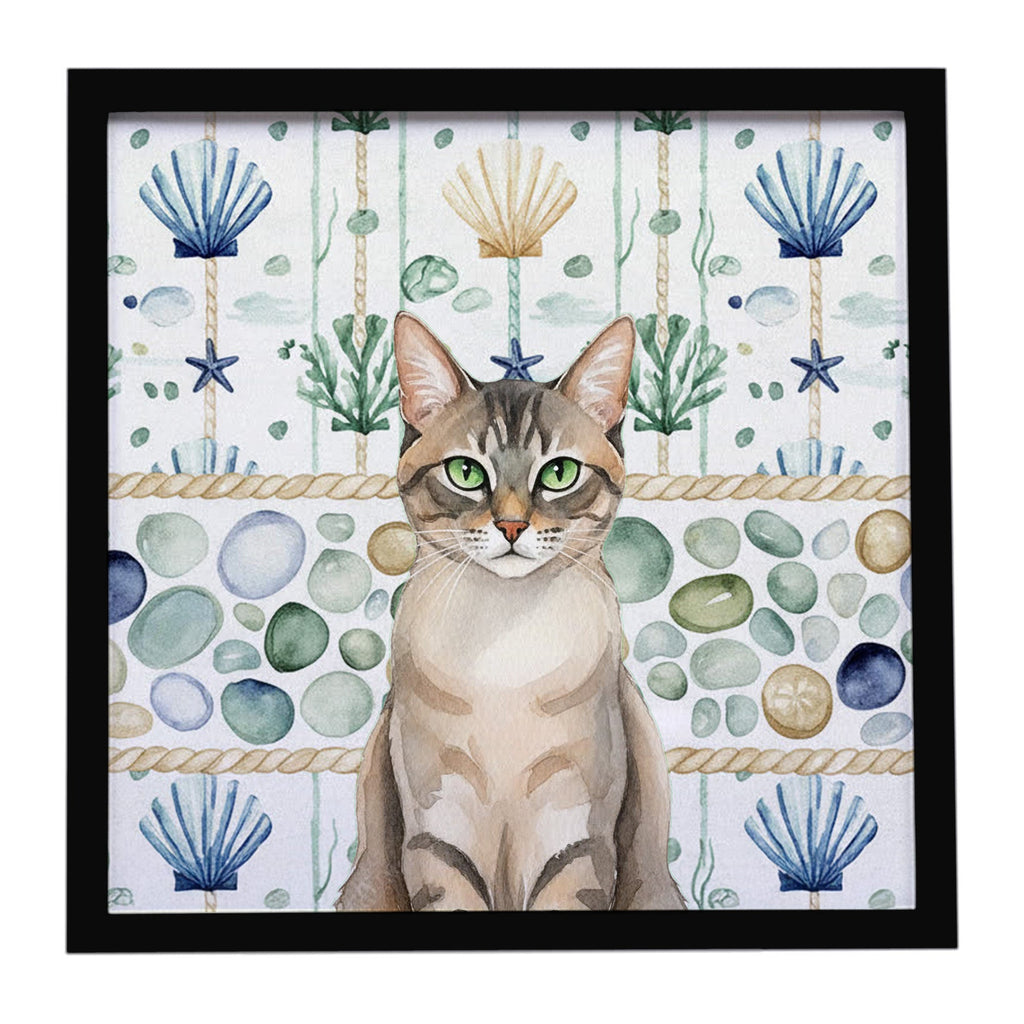 Lynx Point Tabby Cat Coastal Sea Glass Framed Metal Print Bathroom, Kitchen, Office, Home Decor Wall Art Ready to Hang, Square, 8X8