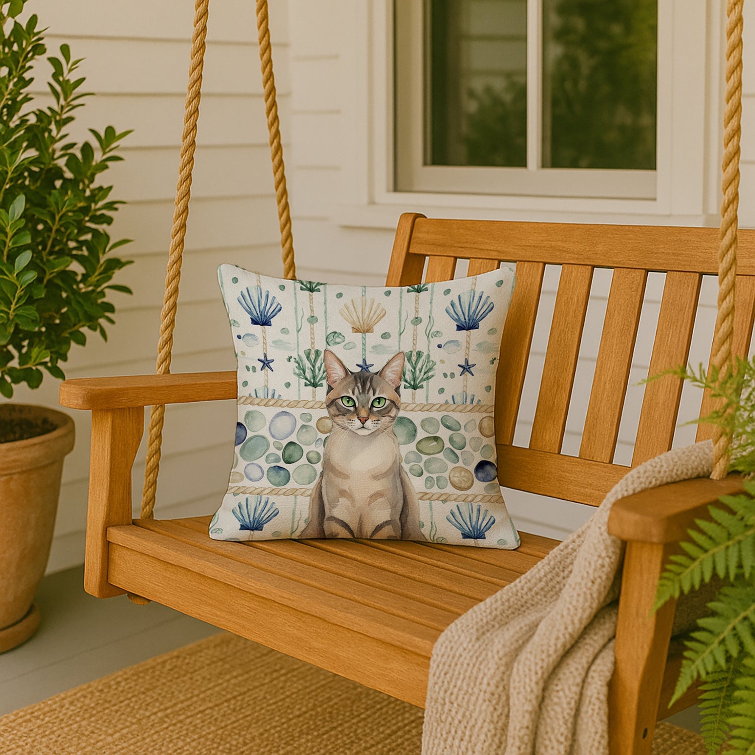 Lynx Point Tabby Cat Coastal Sea Glass Decorative Throw Pillow 18x18 Indoor Outdoor Accent Cushion, Fabric Cover with Insert for Sofa, Bed, Porch & Living Room