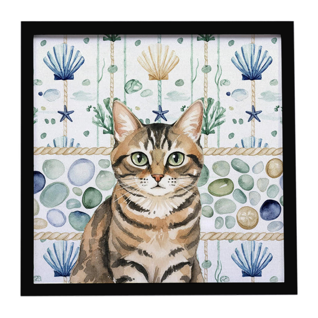 Mackerel Tabby Brown Cat Coastal Sea Glass Framed Metal Print Bathroom, Kitchen, Office, Home Decor Wall Art Ready to Hang, Square, 8X8