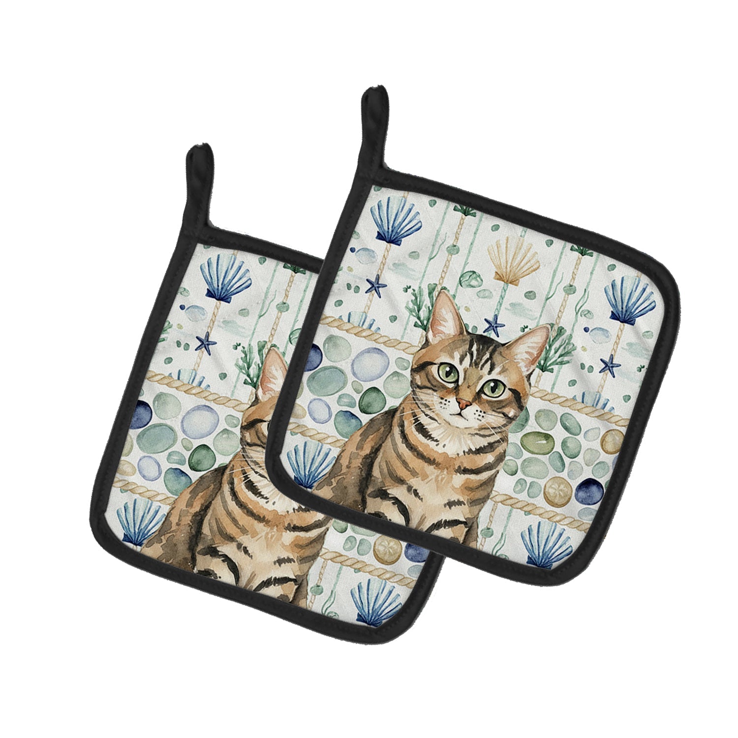 Mackerel Tabby Brown Cat Coastal Sea Glass Pot Holder Set of 2 Heat Resistant Quilted Hot Pads 7.5 x 7.5 Inch, Insulated Kitchen Trivets for Cooking & Baking