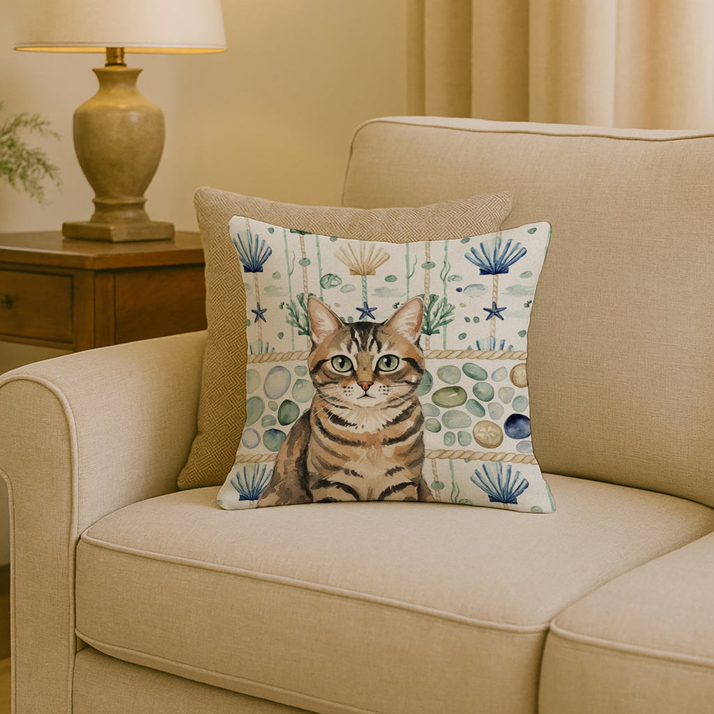 Mackerel Tabby Brown Cat Coastal Sea Glass Decorative Throw Pillow 18x18 Indoor Outdoor Accent Cushion, Fabric Cover with Insert for Sofa, Bed, Porch & Living Room