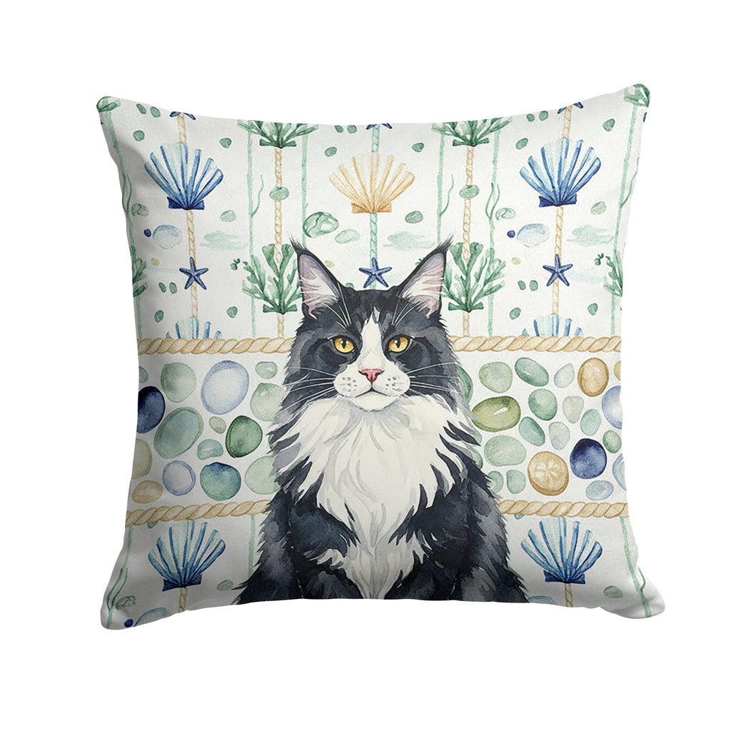 MaineCoon Black and White Cat Coastal Sea Glass Decorative Throw Pillow 14x14 Indoor Outdoor Accent Cushion, Fabric Cover with Insert for Sofa, Bed, Porch & Living Room