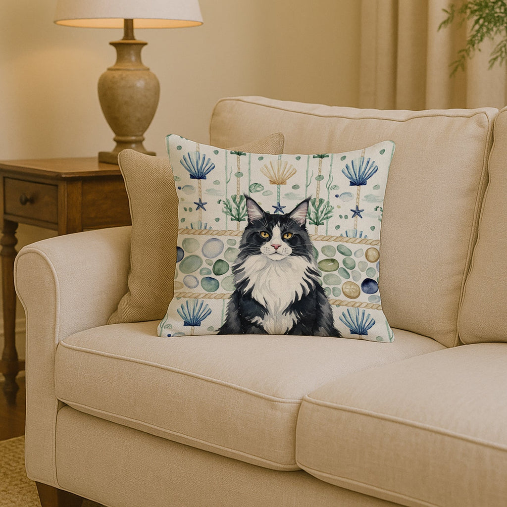 MaineCoon Black and White Cat Coastal Sea Glass Decorative Throw Pillow 14x14 Indoor Outdoor Accent Cushion, Fabric Cover with Insert for Sofa, Bed, Porch & Living Room