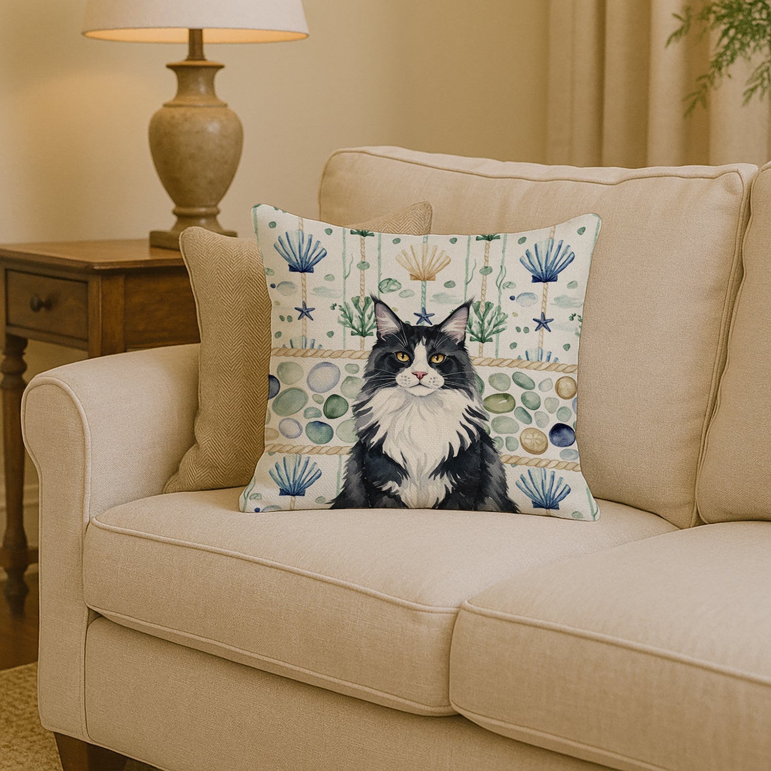 MaineCoon Black and White Cat Coastal Sea Glass Decorative Throw Pillow 14x14 Indoor Outdoor Accent Cushion, Fabric Cover with Insert for Sofa, Bed, Porch & Living Room
