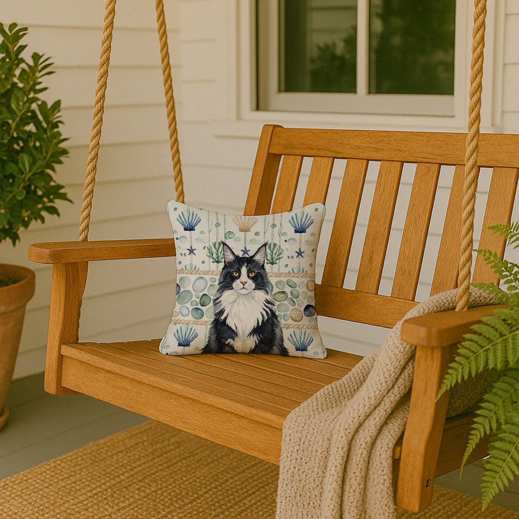 MaineCoon Black and White Cat Coastal Sea Glass Decorative Throw Pillow 14x14 Indoor Outdoor Accent Cushion, Fabric Cover with Insert for Sofa, Bed, Porch & Living Room