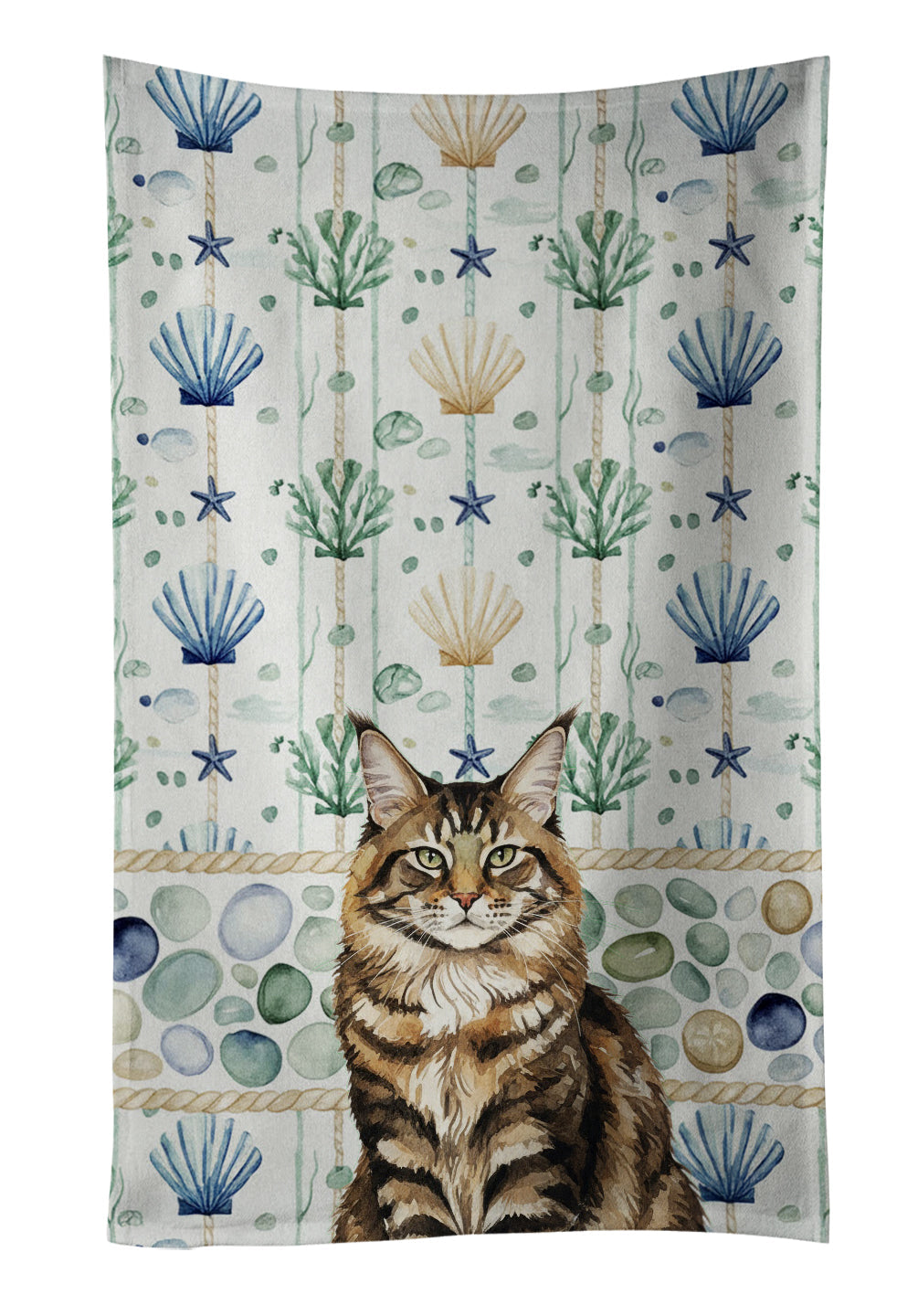MaineCoon Brown Tabby Cat Coastal Sea Glass Kitchen Towel Velour Plush Front and Cotton Loop Back Machine Washable