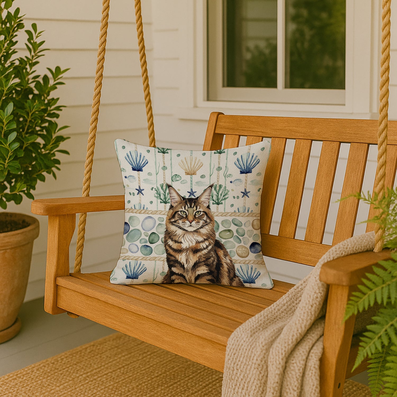 MaineCoon Brown Tabby Cat Coastal Sea Glass Decorative Throw Pillow 18x18 Indoor Outdoor Accent Cushion, Fabric Cover with Insert for Sofa, Bed, Porch & Living Room