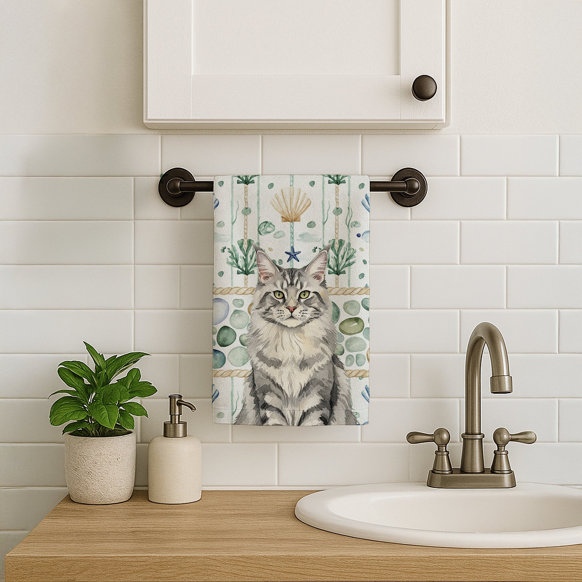 MaineCoon Silver Tabby Cat Coastal Sea Glass Kitchen Towel Velour Plush Front and Cotton Loop Back Machine Washable