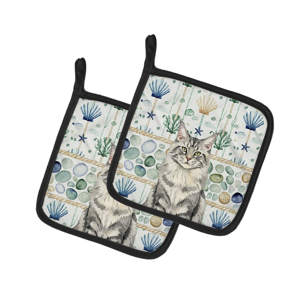 MaineCoon Silver Tabby Cat Coastal Sea Glass Pot Holder Set of 2 Heat Resistant Quilted Hot Pads 7.5 x 7.5 Inch, Insulated Kitchen Trivets for Cooking & Baking