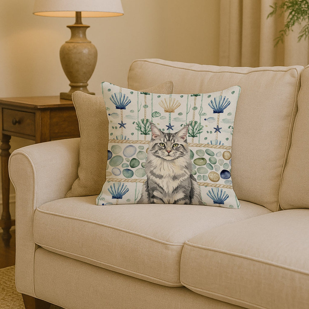 MaineCoon Silver Tabby Cat Coastal Sea Glass Decorative Throw Pillow 14x14 Indoor Outdoor Accent Cushion, Fabric Cover with Insert for Sofa, Bed, Porch & Living Room