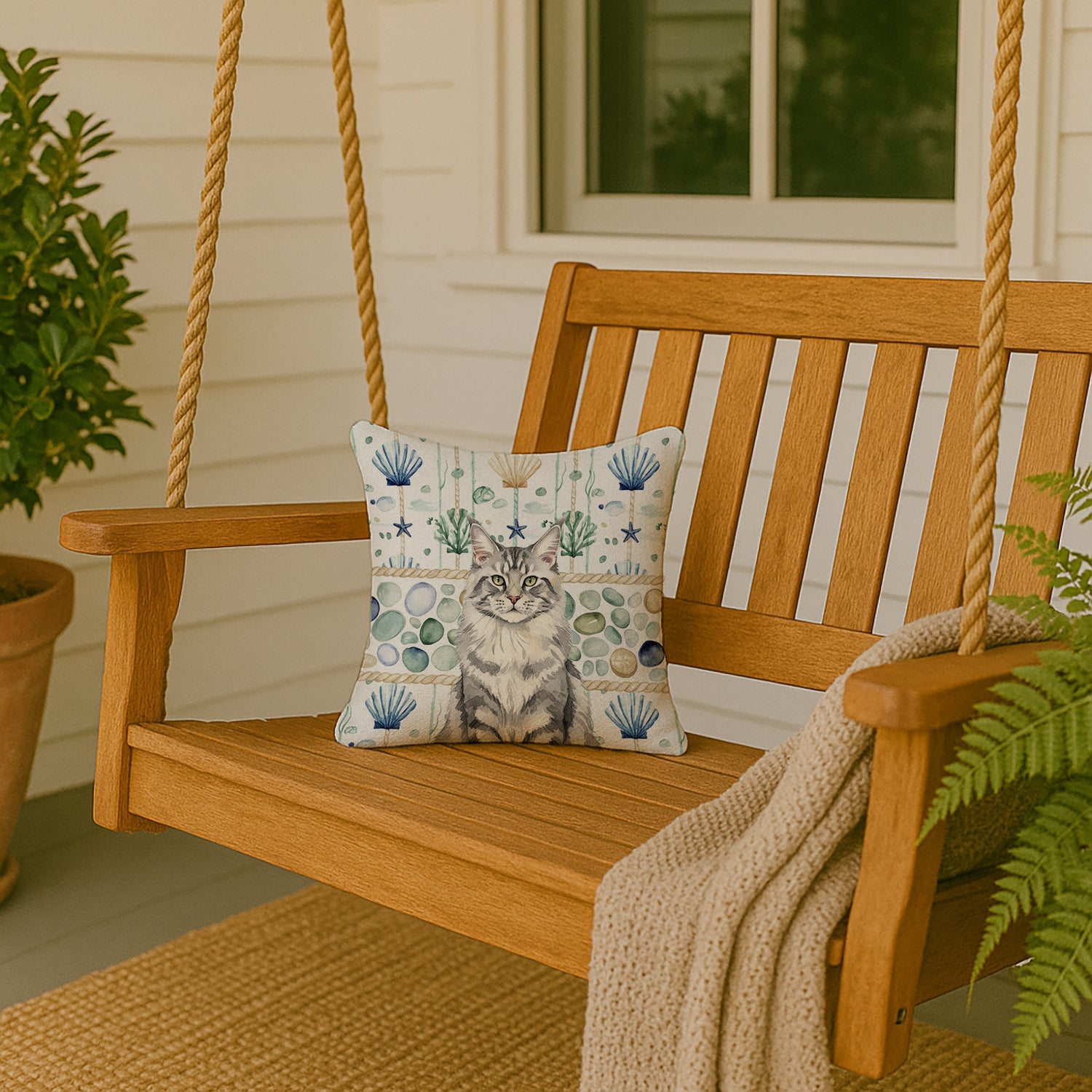 MaineCoon Silver Tabby Cat Coastal Sea Glass Decorative Throw Pillow 14x14 Indoor Outdoor Accent Cushion, Fabric Cover with Insert for Sofa, Bed, Porch & Living Room