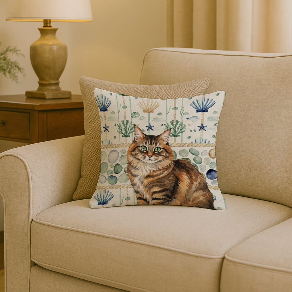 Norwegian Forest Cat Brown Tabby Cat Coastal Sea Glass Decorative Throw Pillow 18x18 Indoor Outdoor Accent Cushion, Fabric Cover with Insert for Sofa, Bed, Porch & Living Room