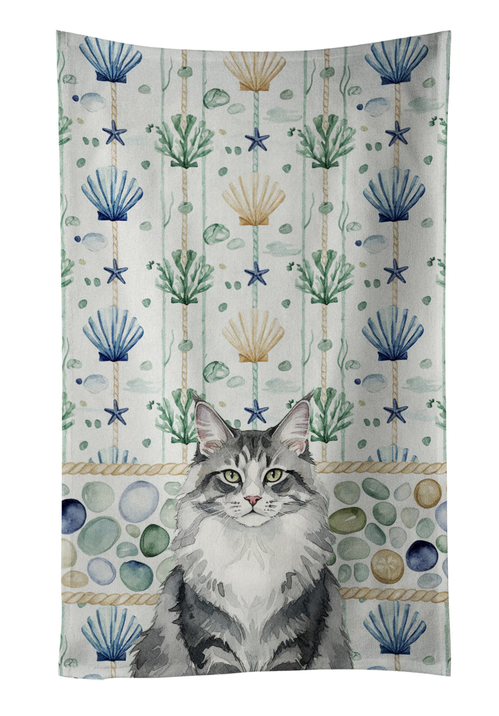 Norwegian Forest Cat Gray and White Cat Coastal Sea Glass Kitchen Towel Velour Plush Front and Cotton Loop Back Machine Washable