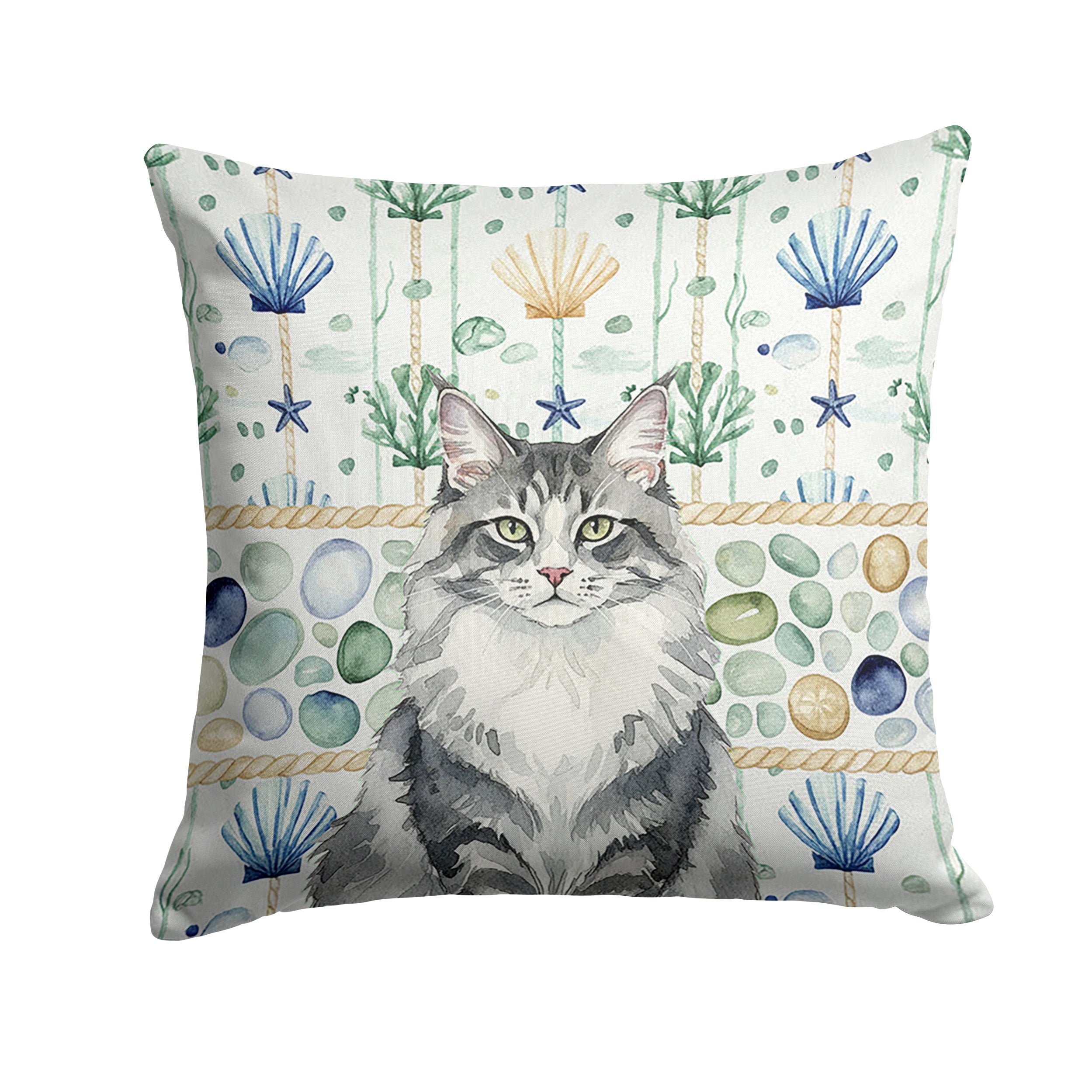 Norwegian Forest Cat Gray and White Cat Coastal Sea Glass Decorative Throw Pillow 14x14 Indoor Outdoor Accent Cushion, Fabric Cover with Insert for Sofa, Bed, Porch & Living Room
